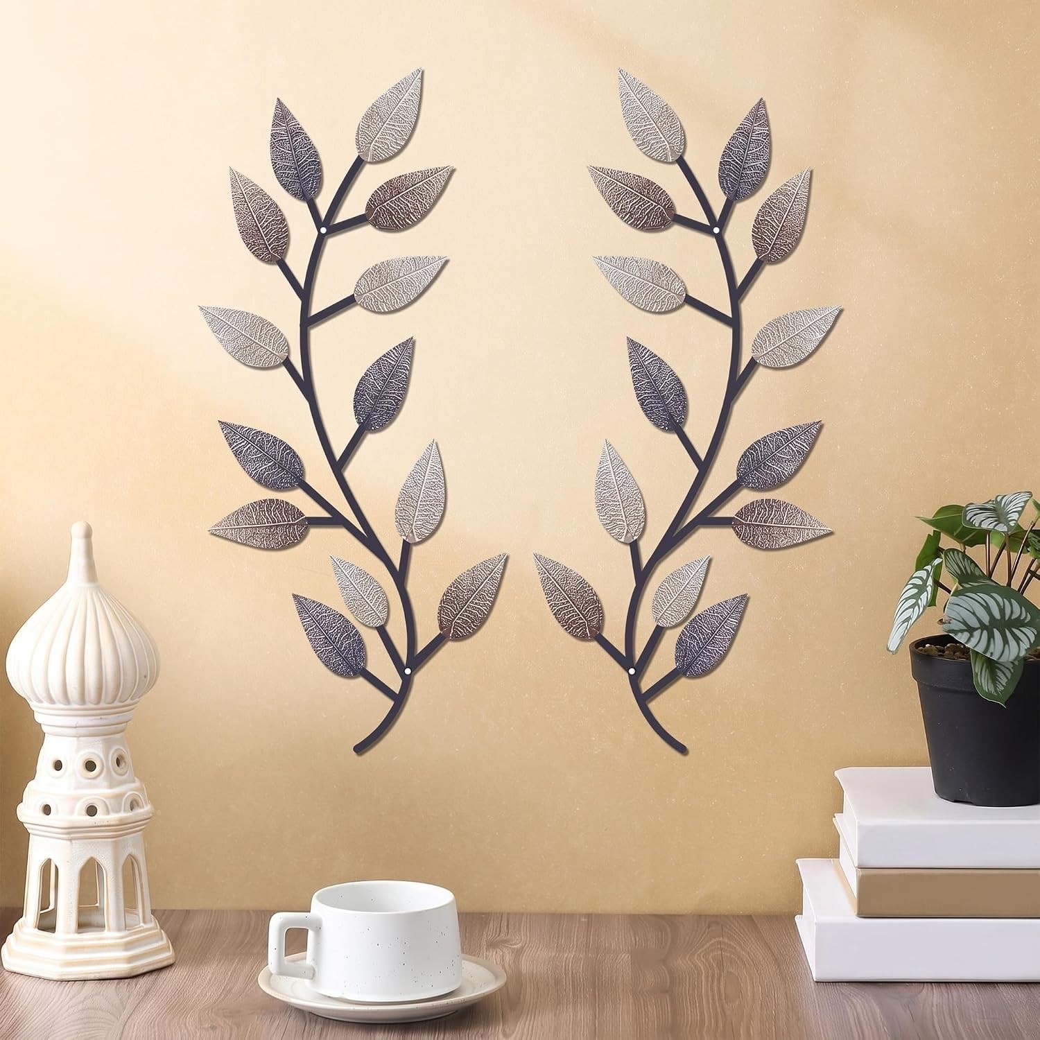2-Pack Metal Tree Leaf Wall Art, Vintage Brown Olive Branch Vine Wall Decor
