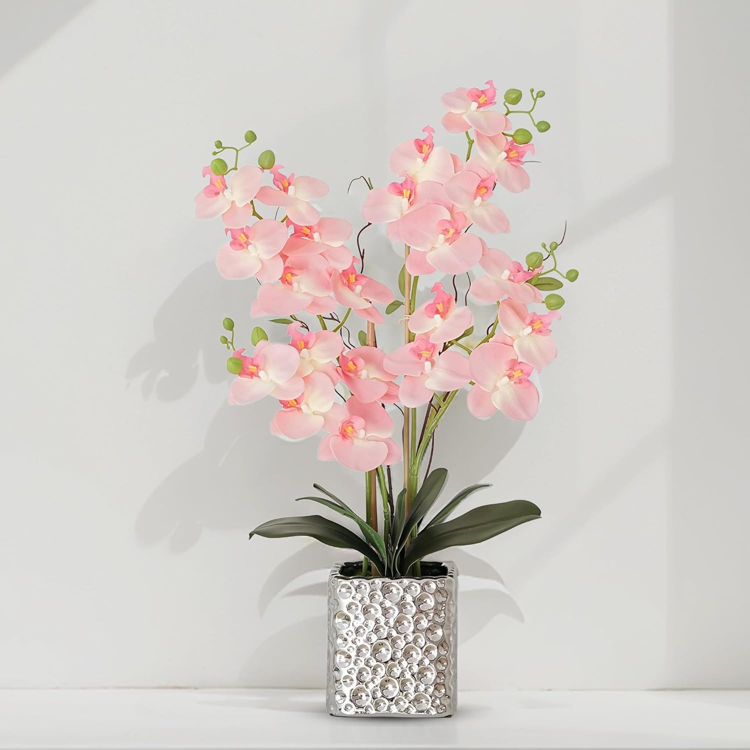 Pink Orchid Silk Flowers in Silver Vase – Elegant Dining Table Centerpiece