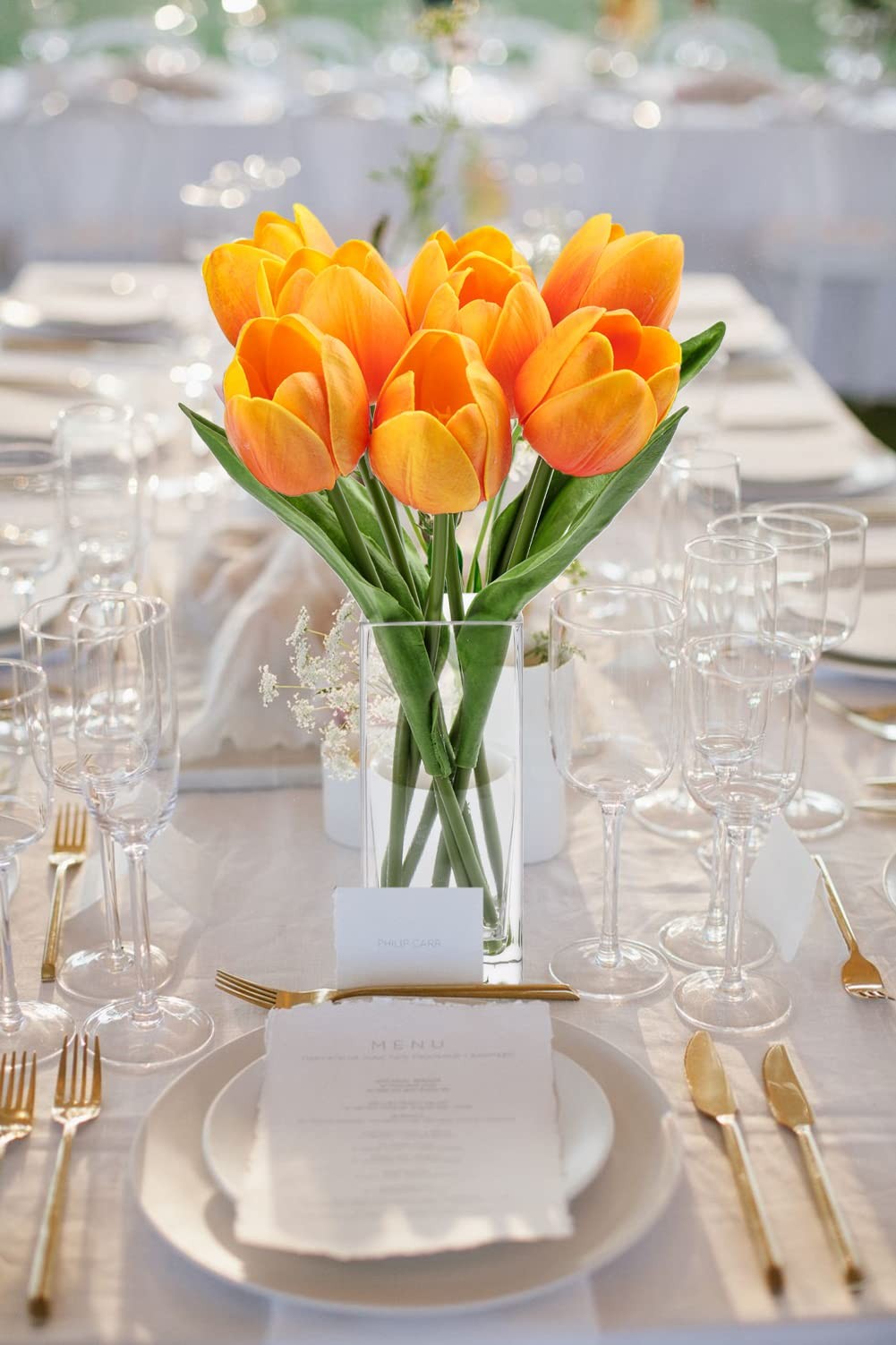Orange Artificial Tulip Fake Flowers Clear Vase Real Touch Arrangement