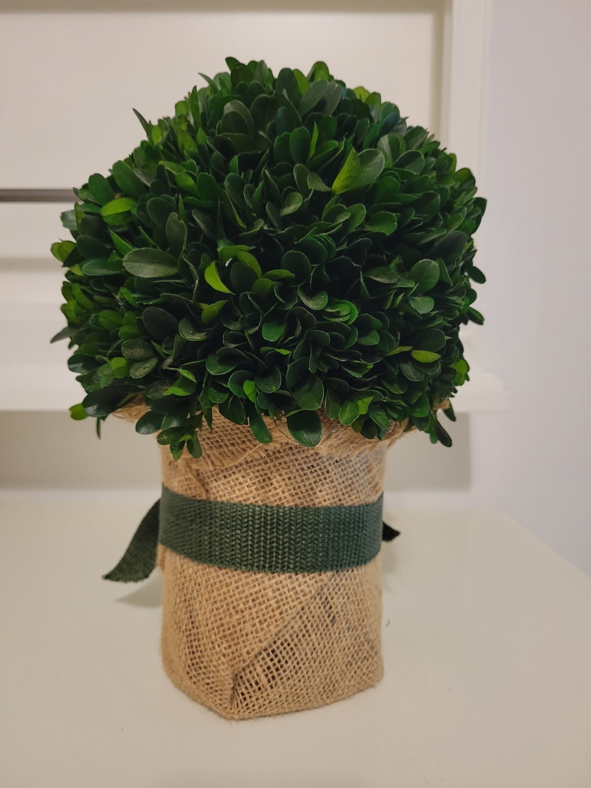 Artificial Boxwood Ball Topiary in Burlap Pot with Green Ribbon, Green/Beige
