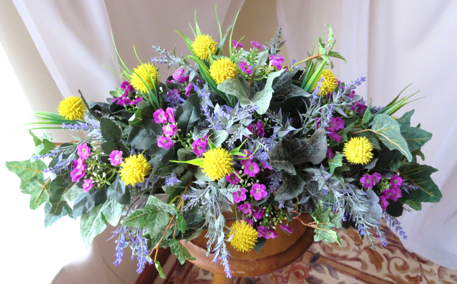 SPRING ARRANGEMENT ARTIFICIAL SILK/PLASTIC FLOWERS IN IRON CONTAINER 22″x14″ NEW
