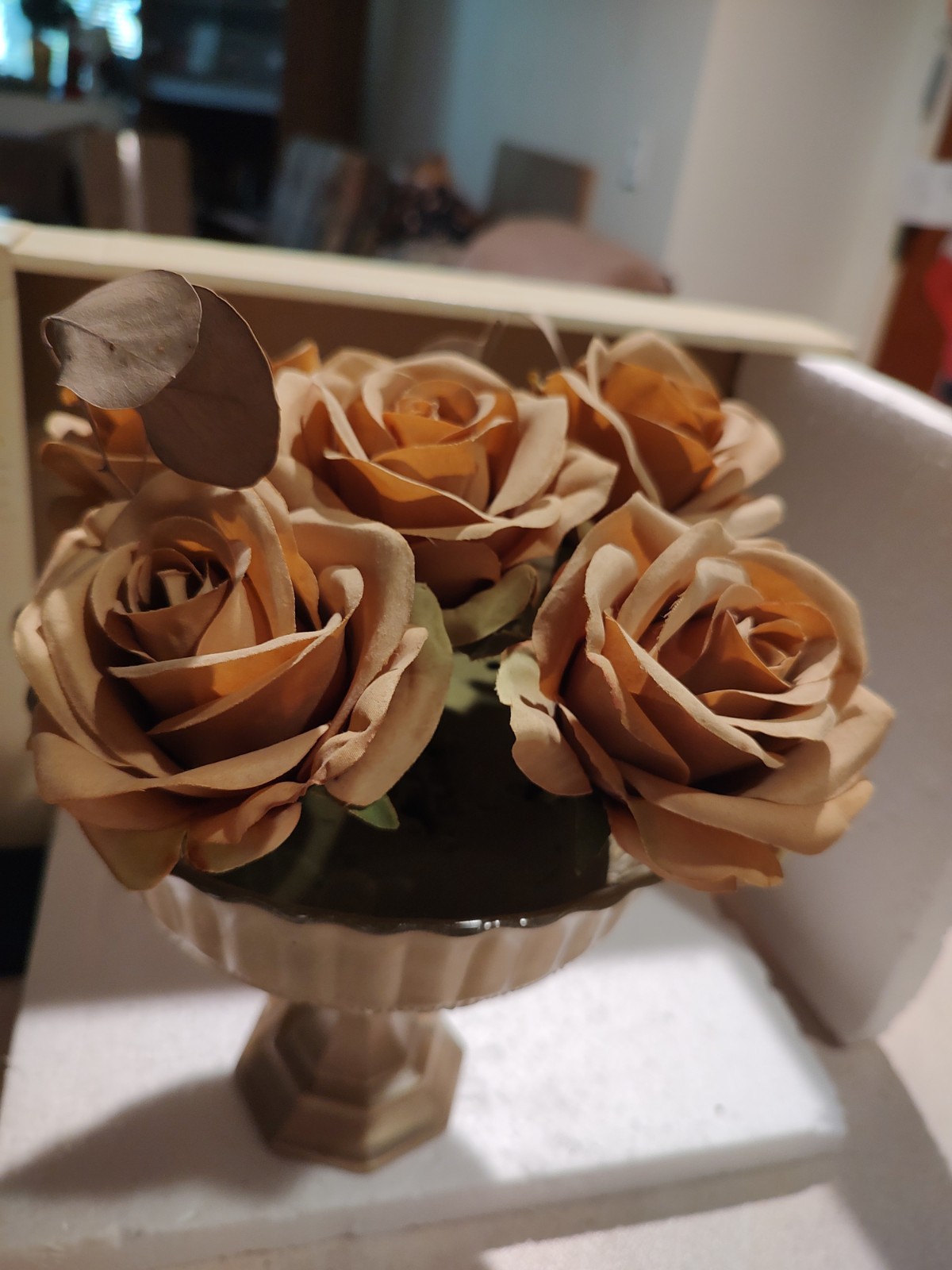 5 Heads Artificial Curled Edge Rose Bouquet Glass Bowl Wedding Table Home Decor