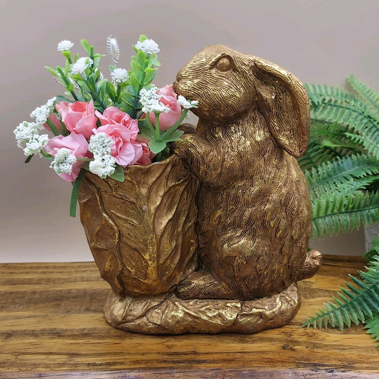 BUNNY & CABBAGE PLANTER Table Decor Gold Rabbit w Pink Mini Roses / Flowers