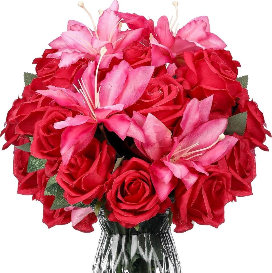 20 Pcs Artificial Lily and Rose Bouquet Red & Pink Realistic Silk Flower-j