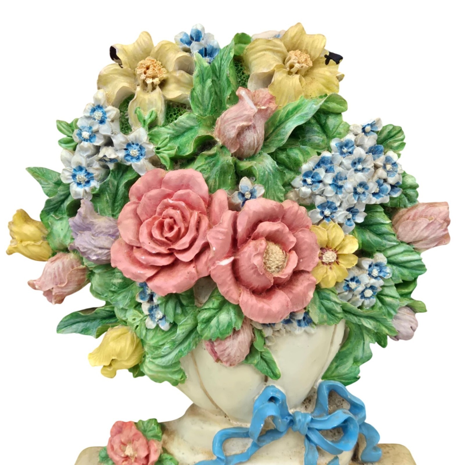 Vintage Flower Arrangement Doorstop Shabby Cottagecore Floral White Blue Ribbon
