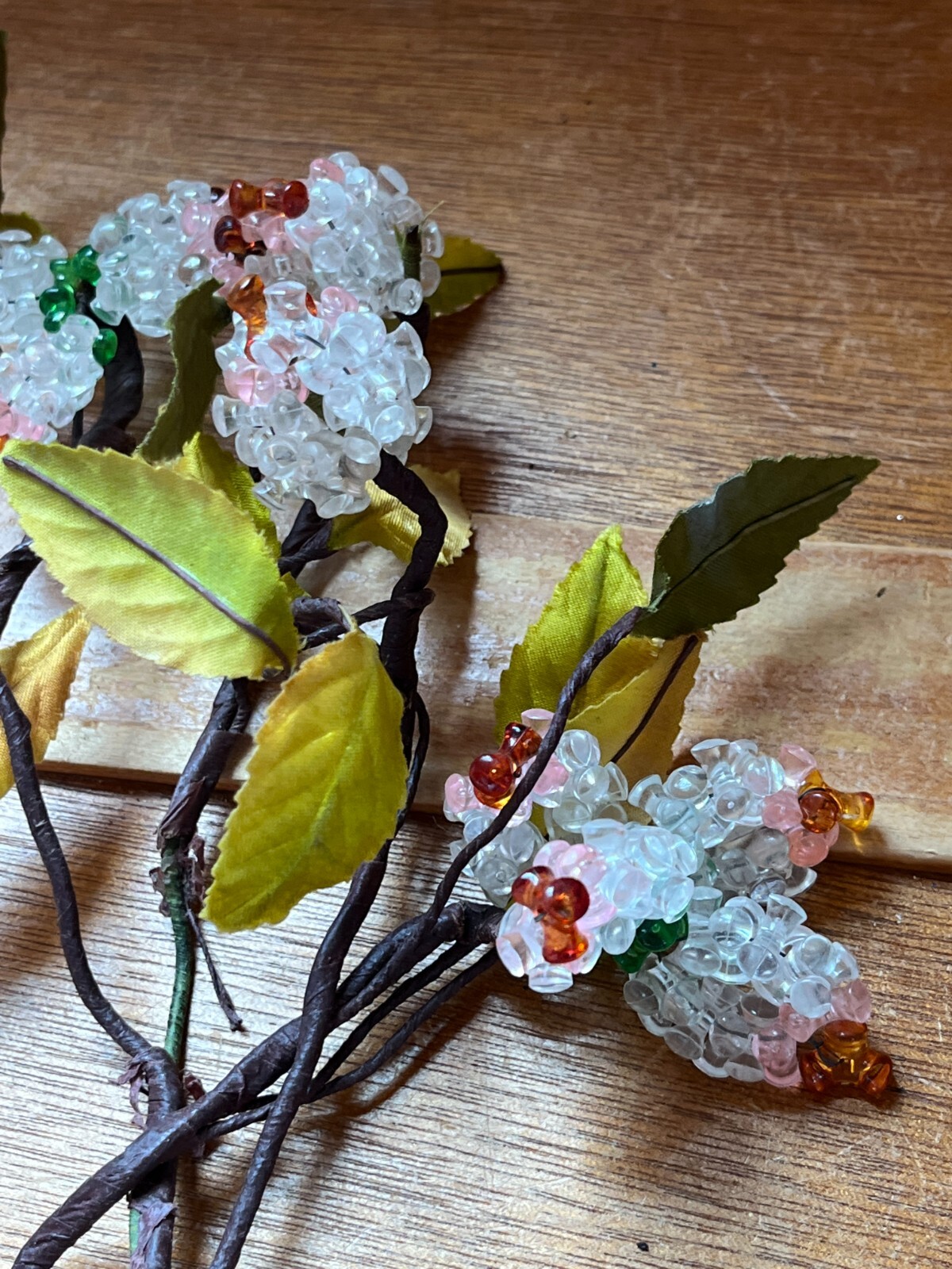 Hand Made Clear Pink & Orange Plastic Flowers w Green Silk Leaves –