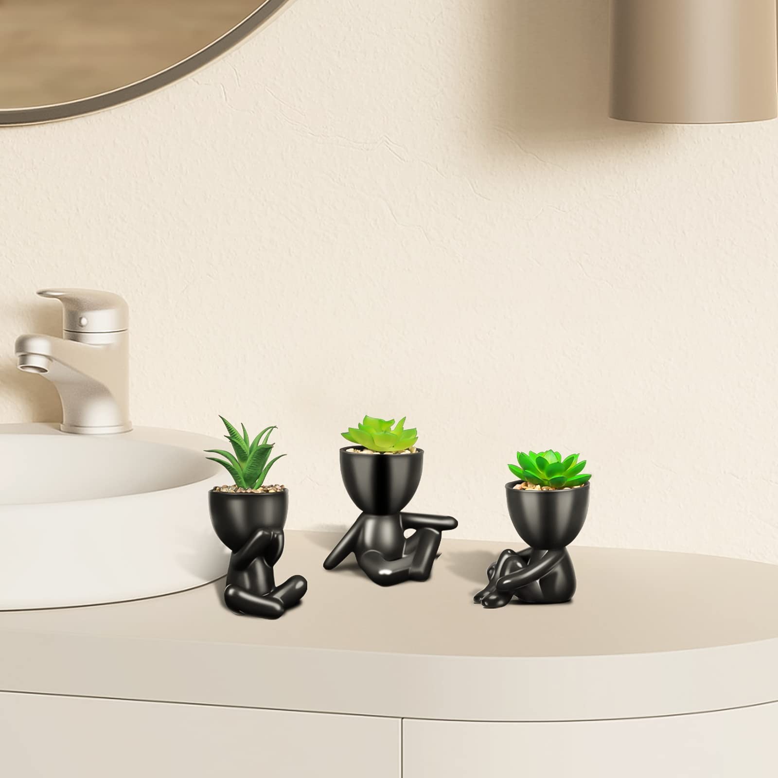 4 PCS Black Cute Fake Plants Artificial Succulent Human Shaped Pots Decor