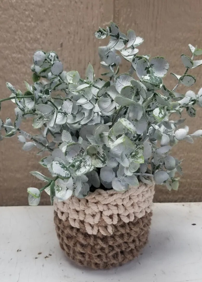 Faux Succulent Plant Dusty Green Crocheted Pot Tan White Jute Twine Cotton 10″