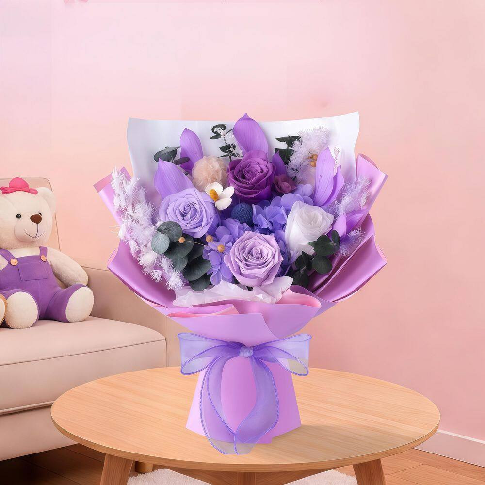 12.59 In. Purple Artificial Preserved Rose Bouquet-Includes Gift Box and Greetin