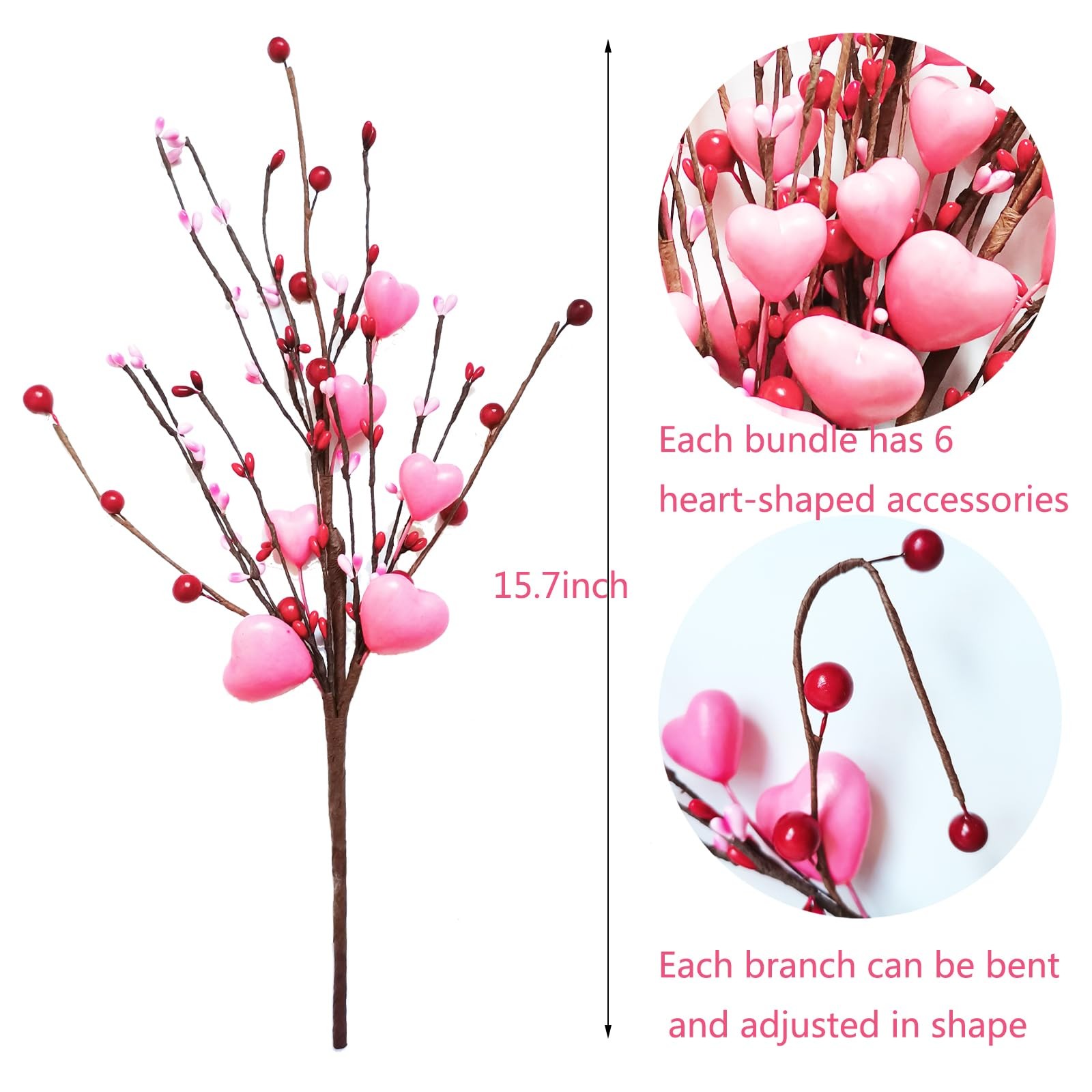 4PCS ARTIFICIAL FLOWER RED HEART SHAPED VALENTINE TREE DECOR BERRY BRANCHES VALE