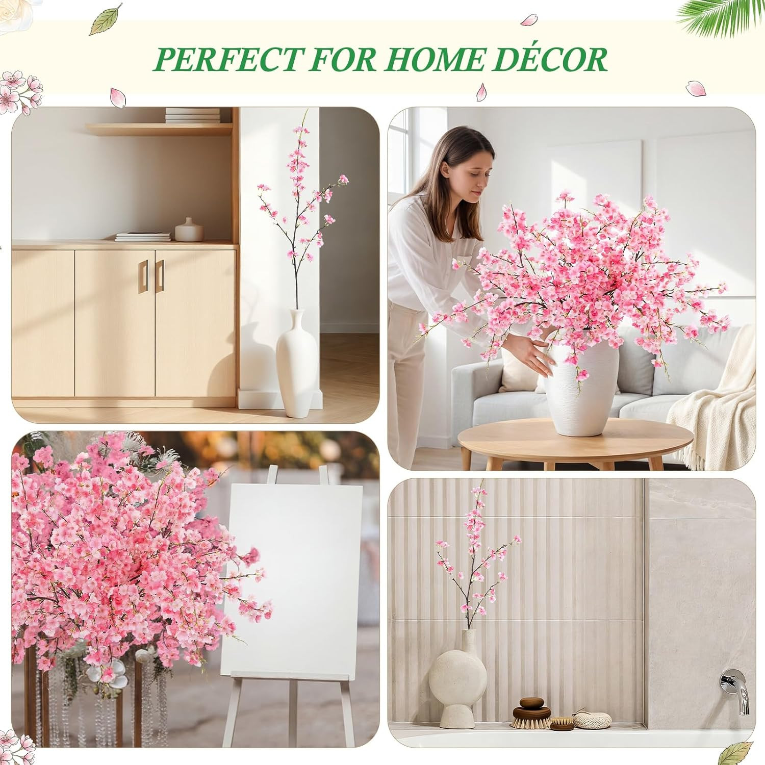 18 Pcs Pink Artificial Cherry Blossom Branches for Home Wedding Decor
