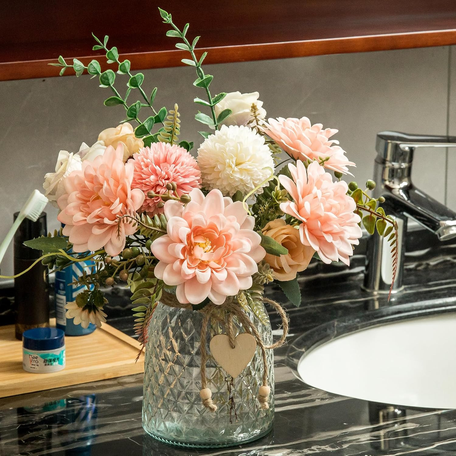 3 Pack Faux Silk Pink Dahlia Flowers with Vase for Home Decor