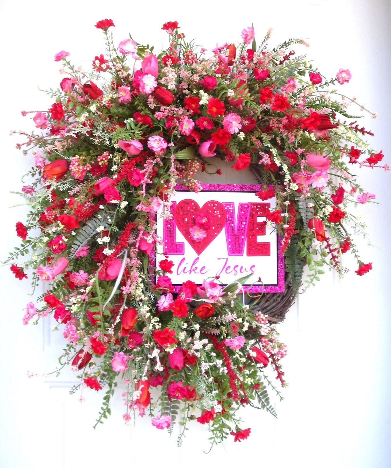 Wildflower Spiritual Door Wreath, Pinks/Reds/Whites Spring Easter Any Season