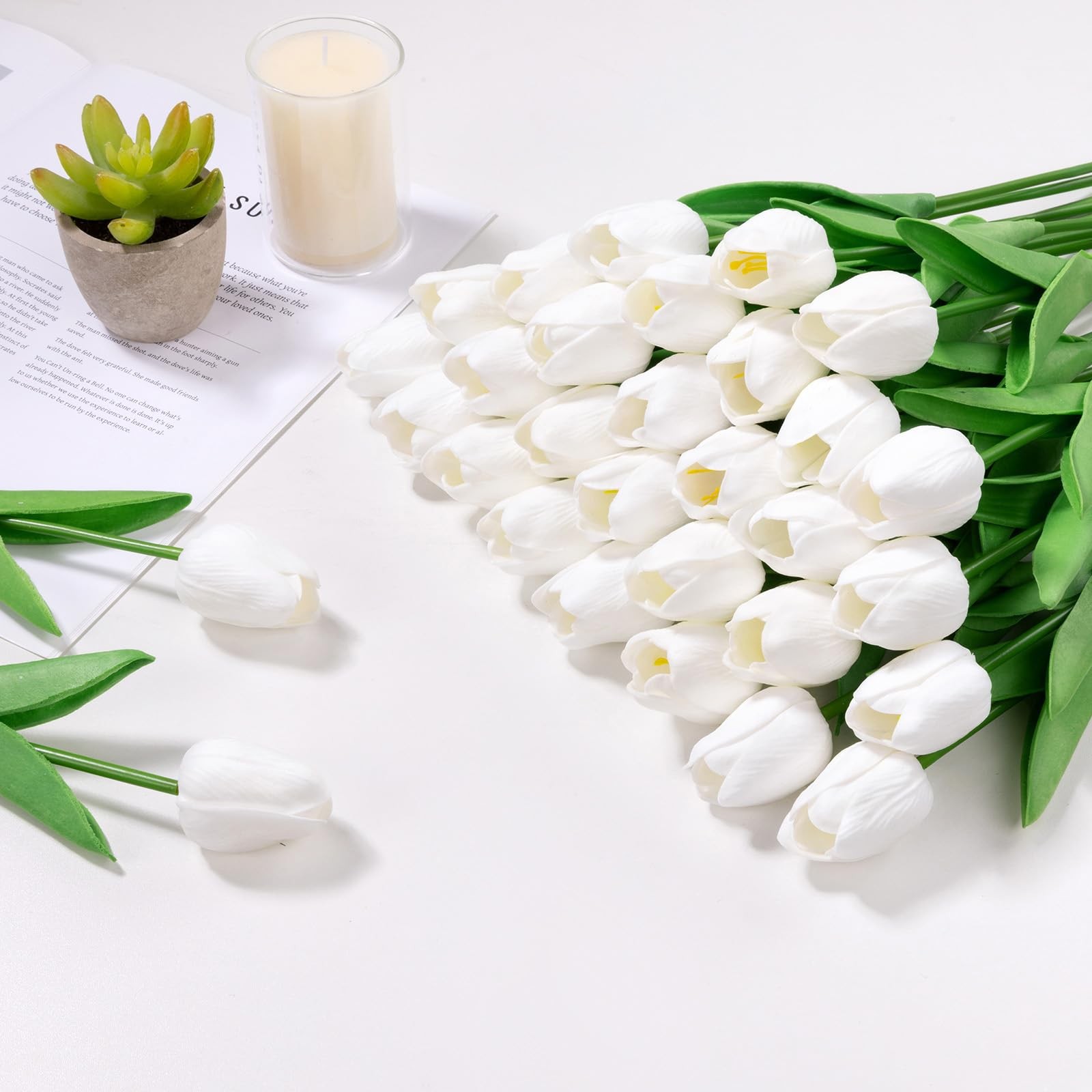 30Pcs Fake Tulips Artificial Flowers with Stems Faux Tulips Bouquet Real Touc…