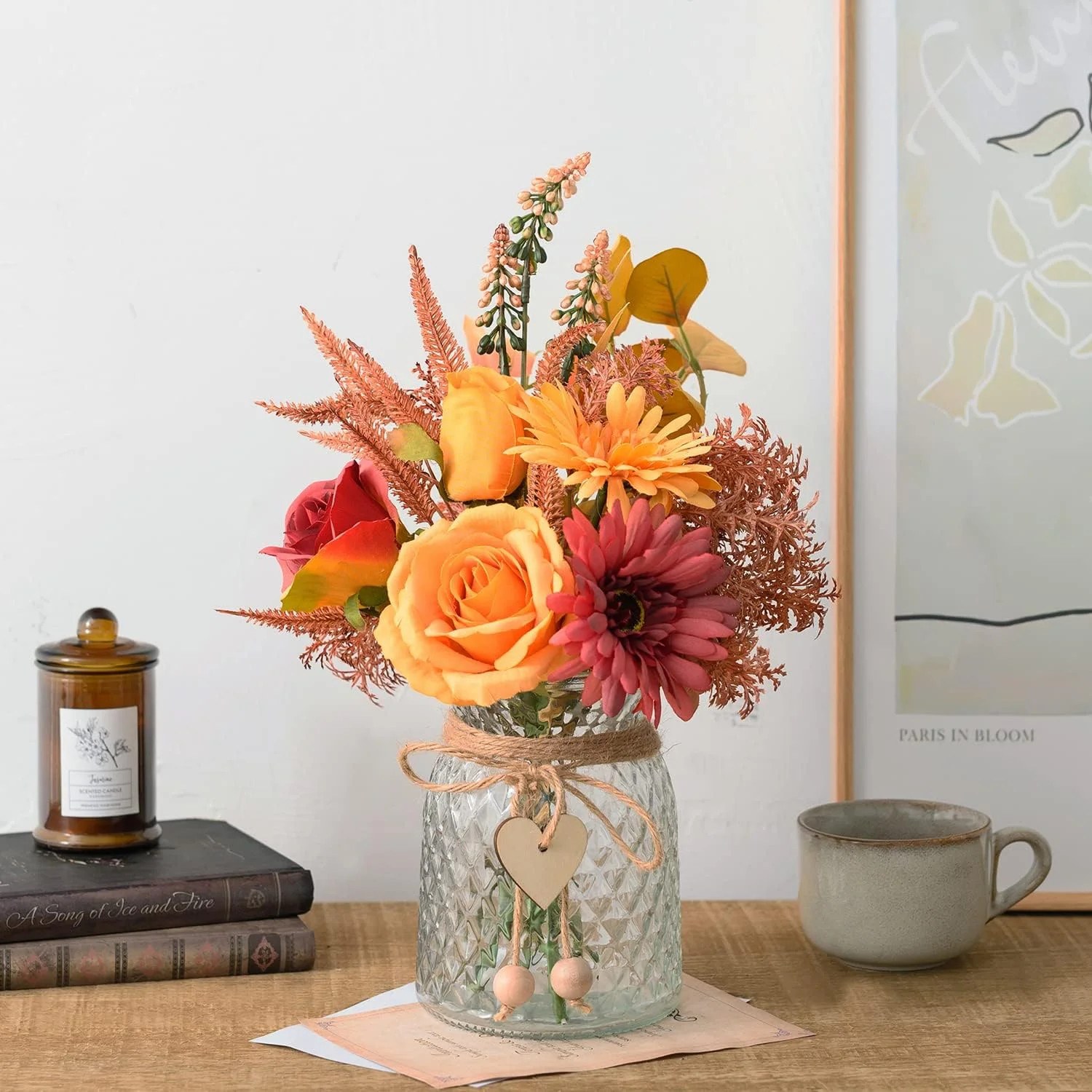 Artificial Flowers with Vase, Faux Silk Flowers Arrangement in Vase, Rustic Home