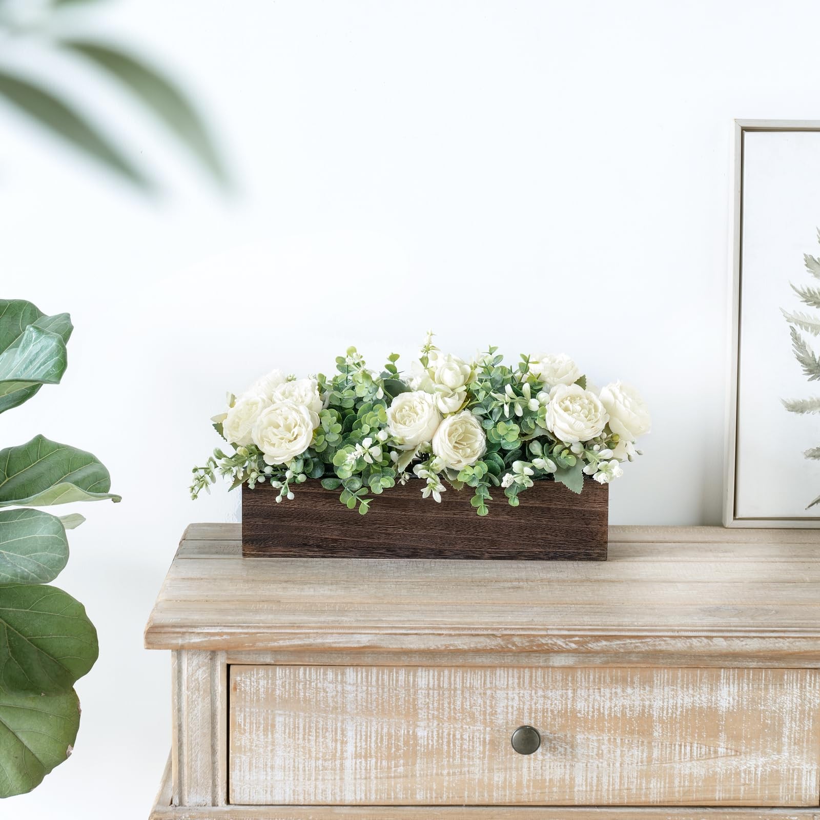 Artificial Flower Centerpiece Farmhouse Table Decor White Rose Wood Box Set