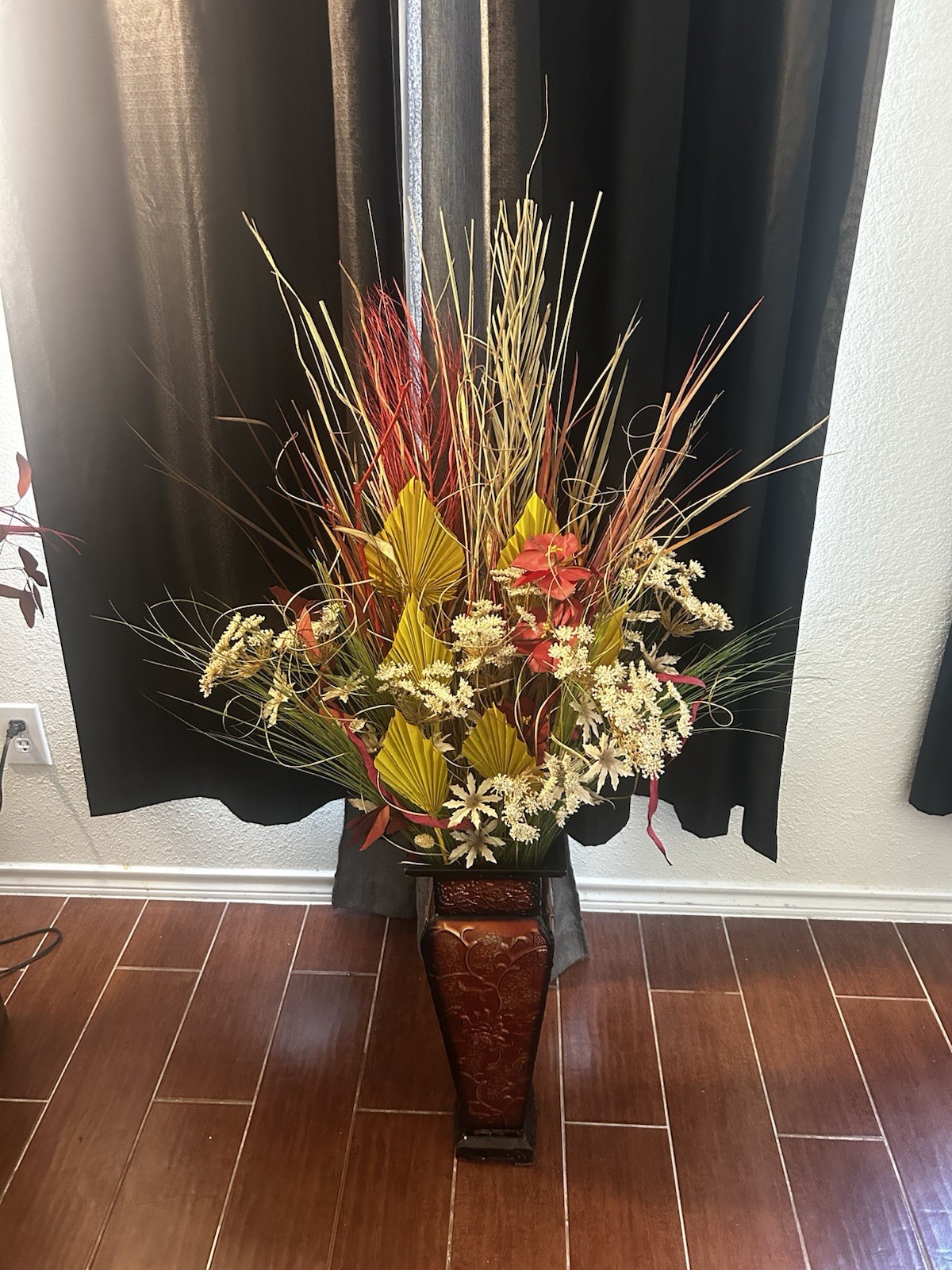 Artificial And Dried Flower Arrangement In Colorful Metal Base