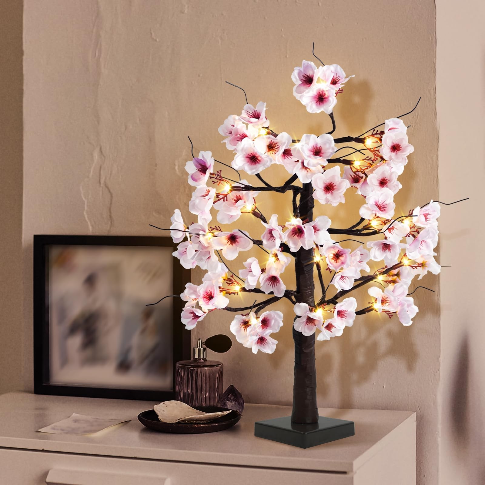 24 Inch Lighted Cherry Blossom Tabletop Artificial Bonsai Tree Timer Battery USB