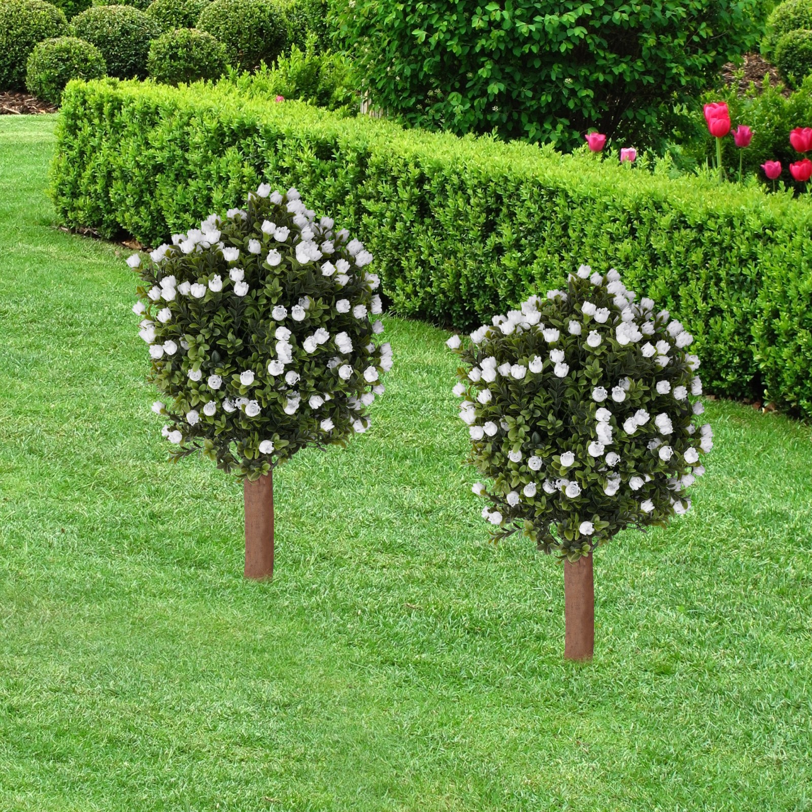 Set of 2 Artificial Ginkgo Biloba Trees with White Flowers for Indoor Outdoor