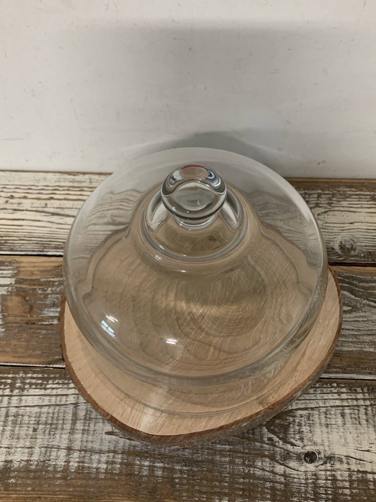 Rustic Style 2 Pc Cloche Set Rough Cut Tree Slab W/Glass Done 6.5” Tall
