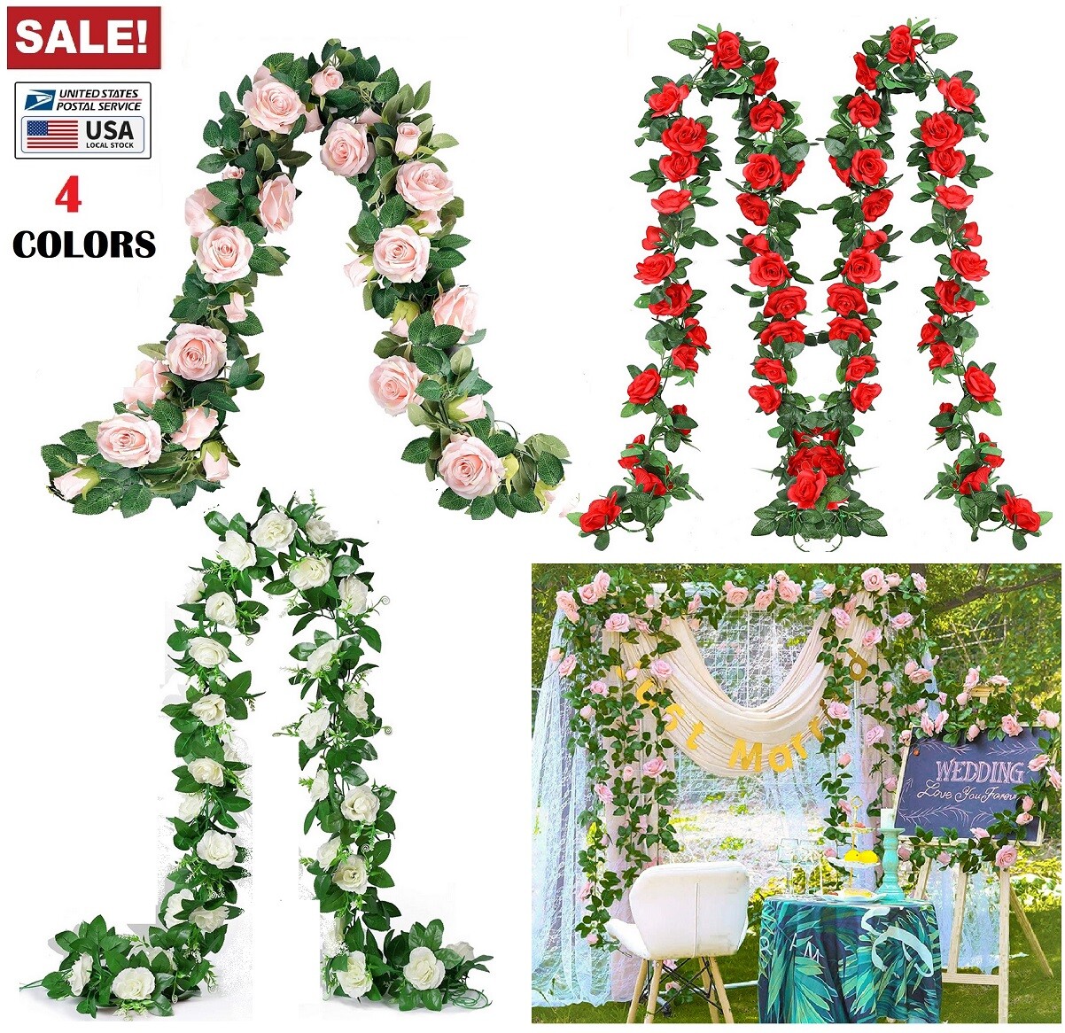3× Fake Rose Vine Flowers Plants 7.5 Ft Artificial Hanging Ivy Home Party US