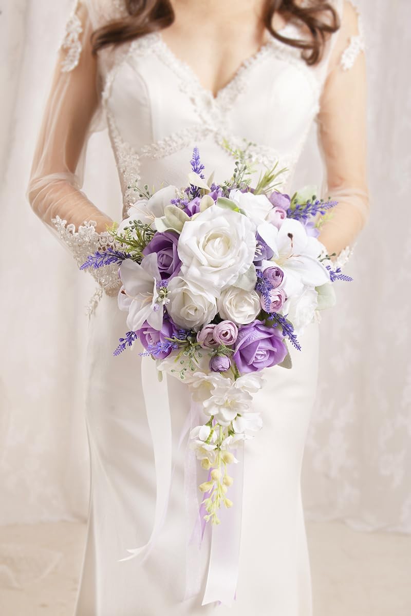 Floinla Bridal Bouquet Cascading, Lilac Purple & White Wedding Bouquets for B…