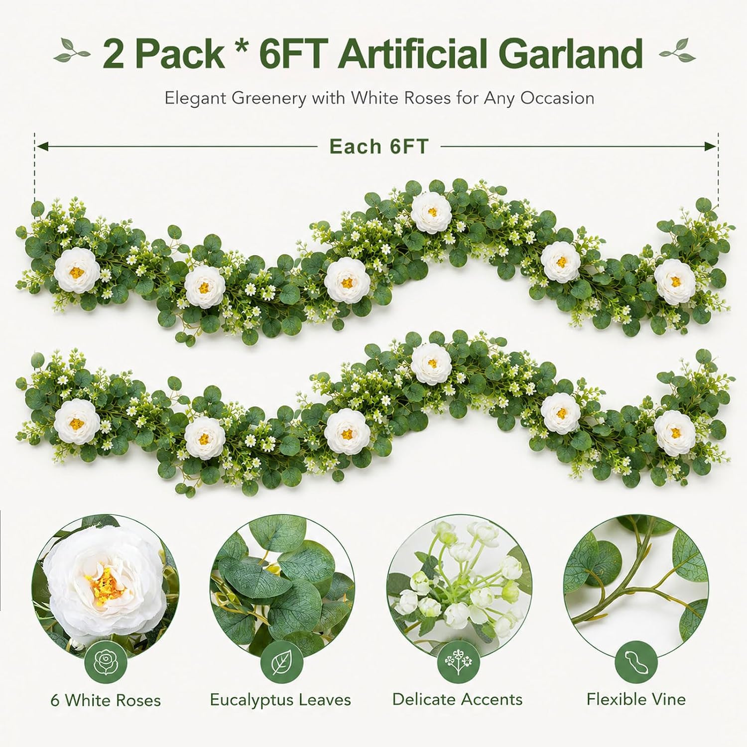 2 Pack Artificial Eucalyptus Garland with White Roses, Total 12FT Flower Greener