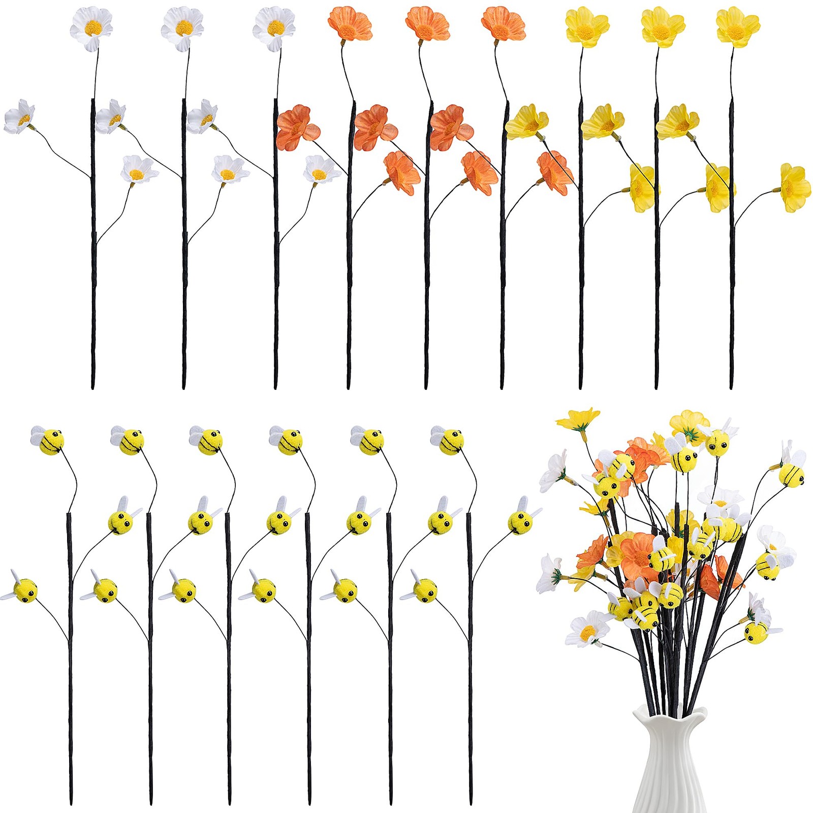 15 Pcs Felt Bee Stems with Artificial Flowers Picks, Felt Honeybee Branches F…