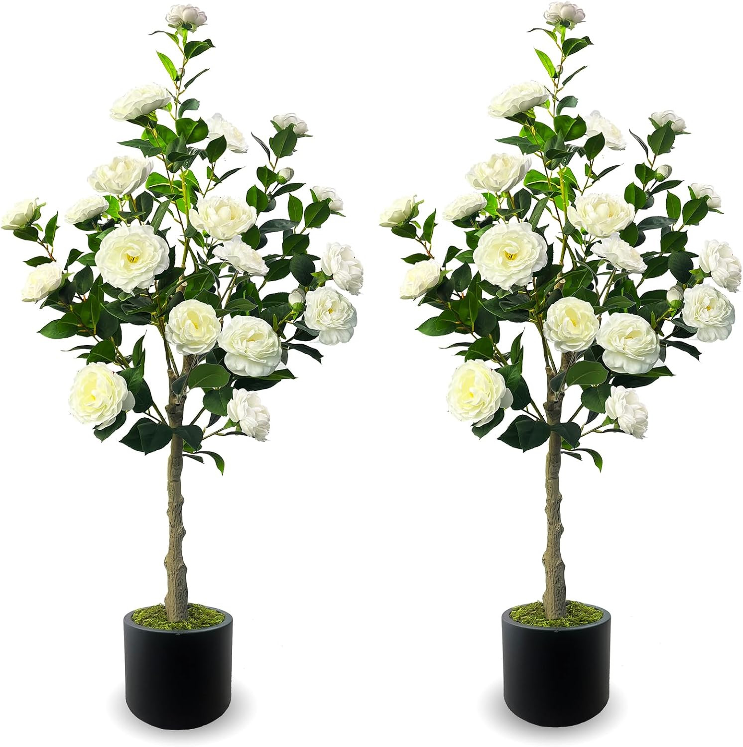48” Artificial Camellia Tree with White Flower in Pots -2 Pack 4FT Faux Camelli
