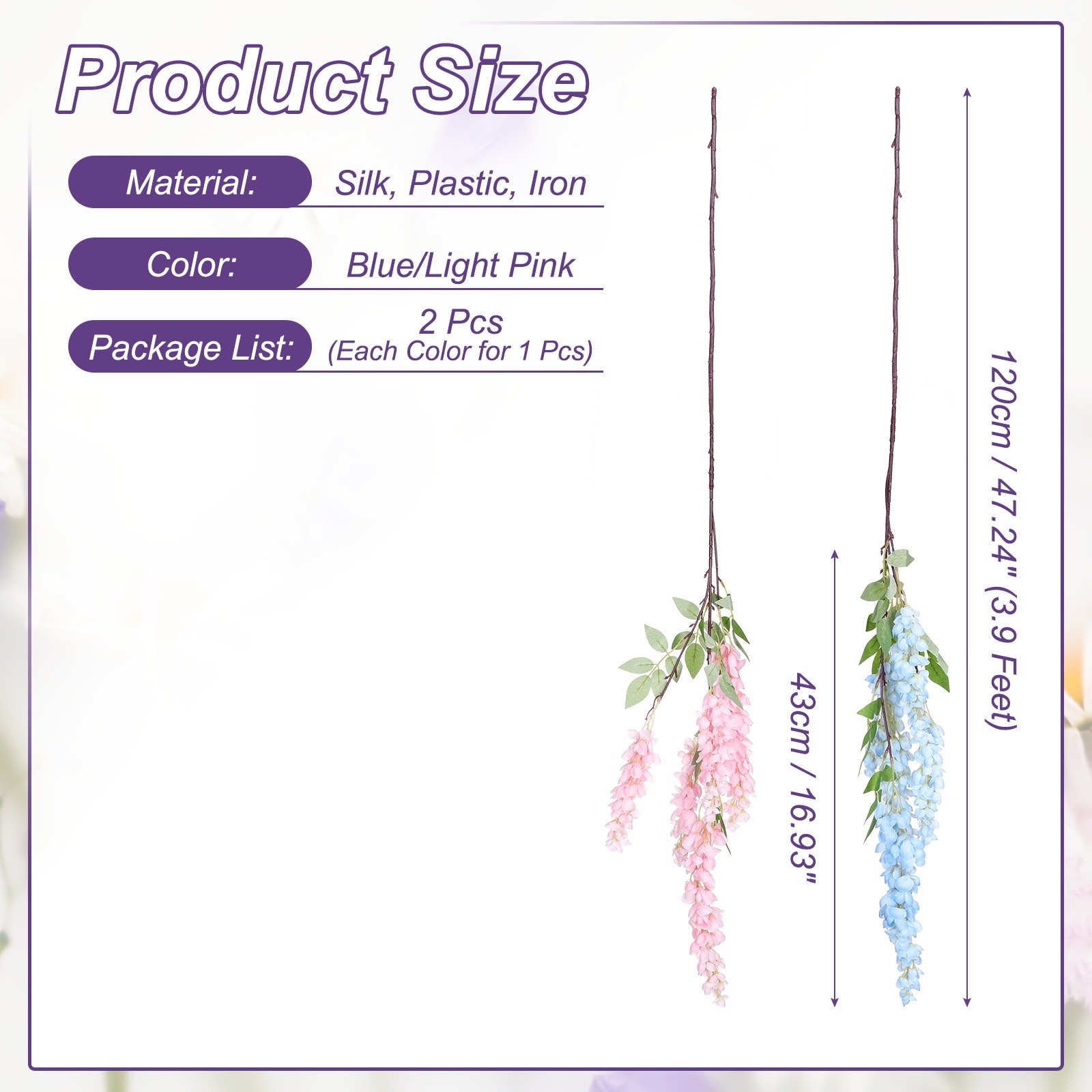 2 Pcs Artificial Wisteria Hanging Flower 3.9 ft Fake Hang Floral Blue/Light Pink