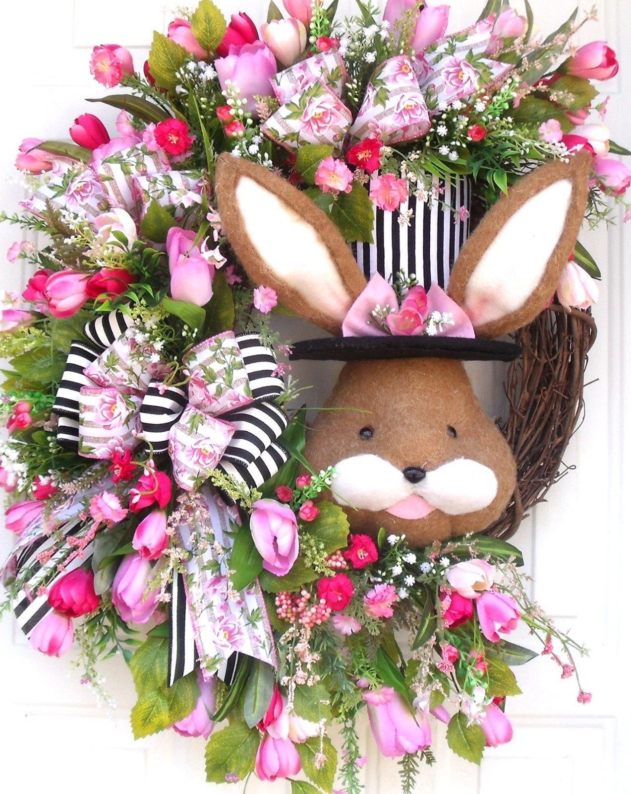 Spring Easter Bunny Wreath, Door Decor Pinks/Black/Whites