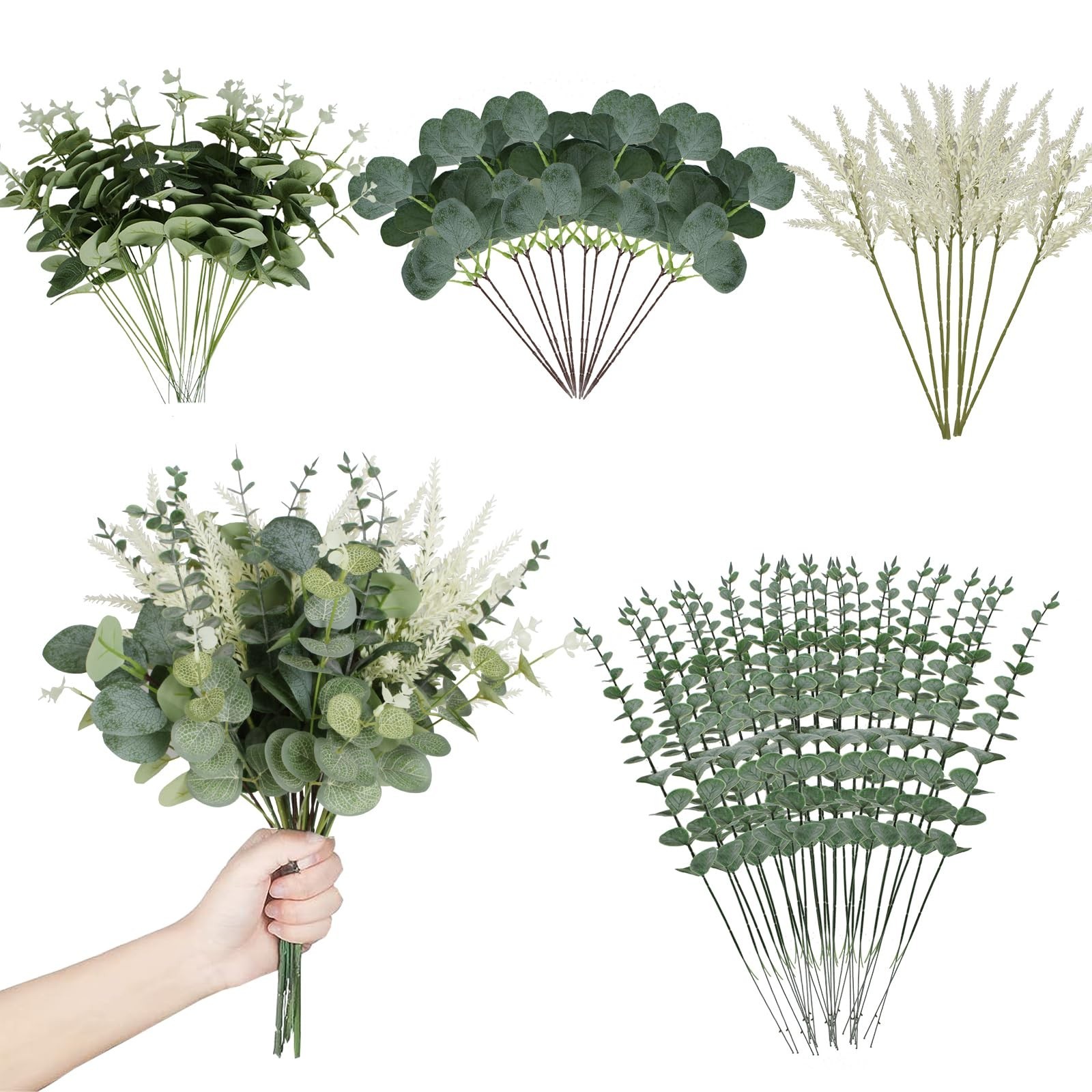 120 Pcs Mixed Artificial Eucalyptus Leaves Stems – Faux Silver Dollar for DIY Fl