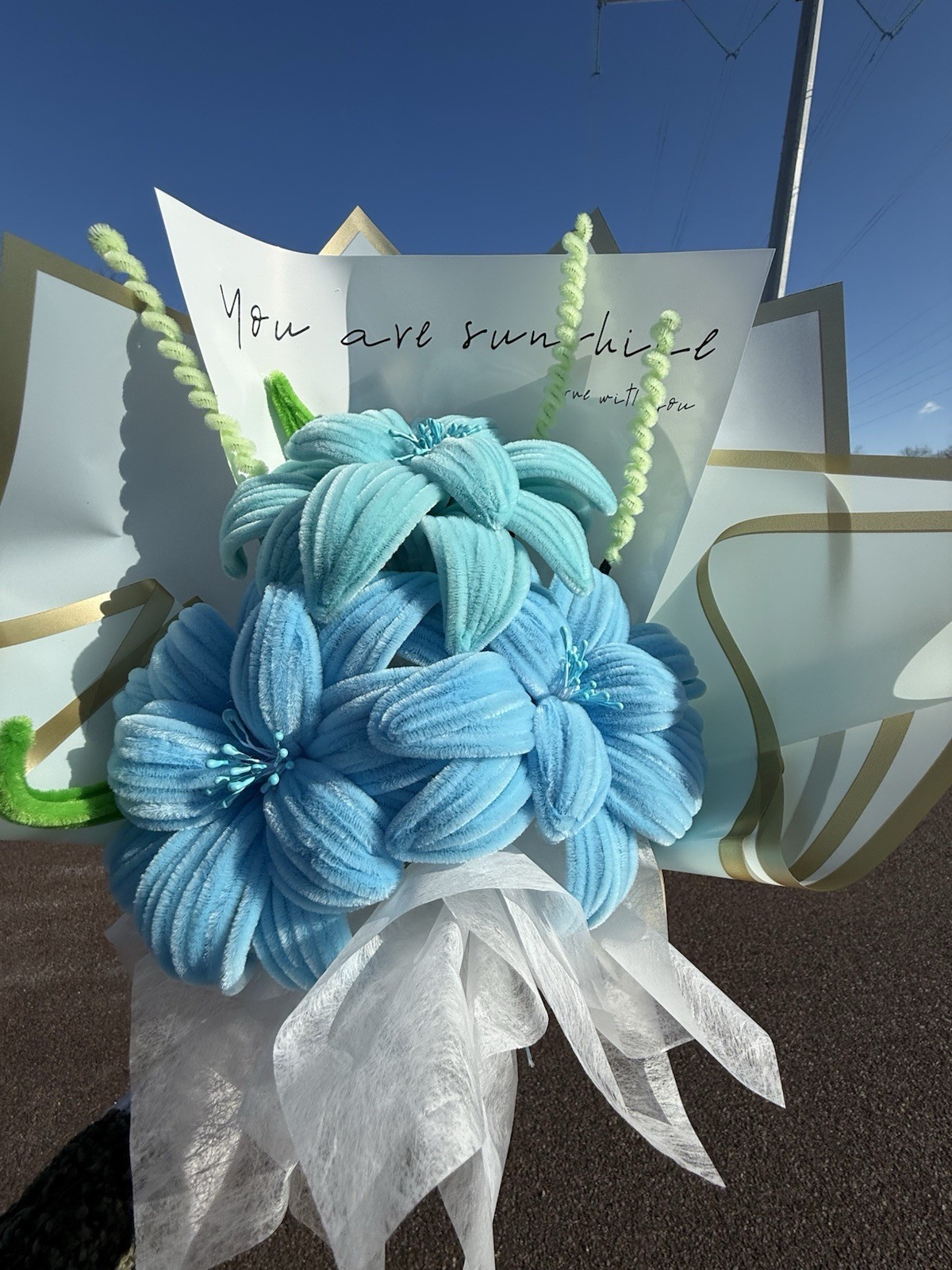Allesbloomboutique Artificial Flower Bouquet Blue Green White Fabric Arrangement
