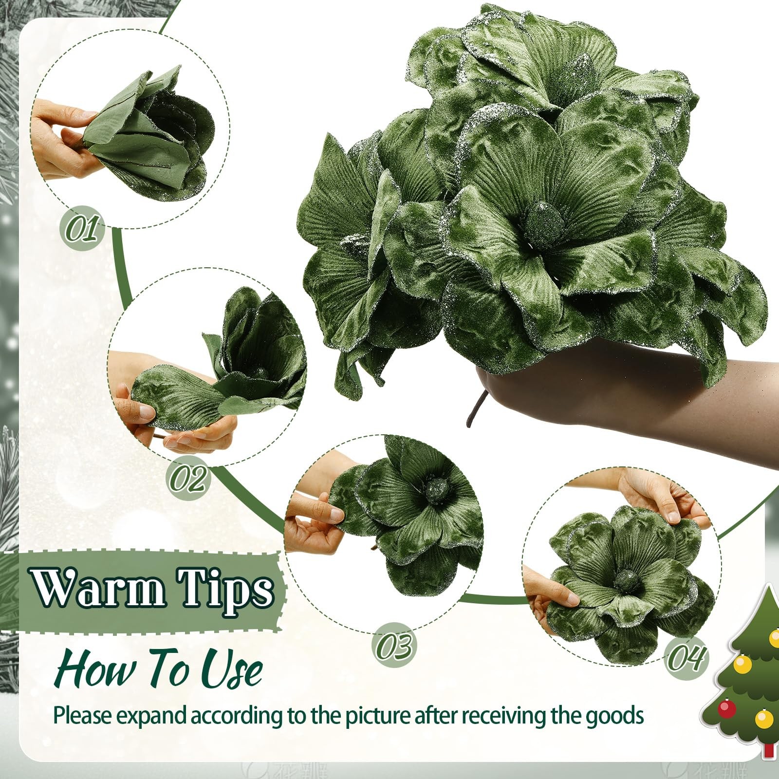 12 PCS Forest Green Large Velvet Christmas Poinsettia Magnolia Flowers Big