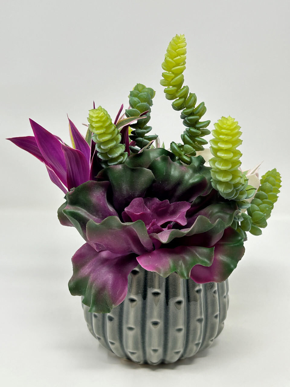 10″ Artificial Purple & White mixed Succulent Garden #11, 5″ Gray Ceramic Plant