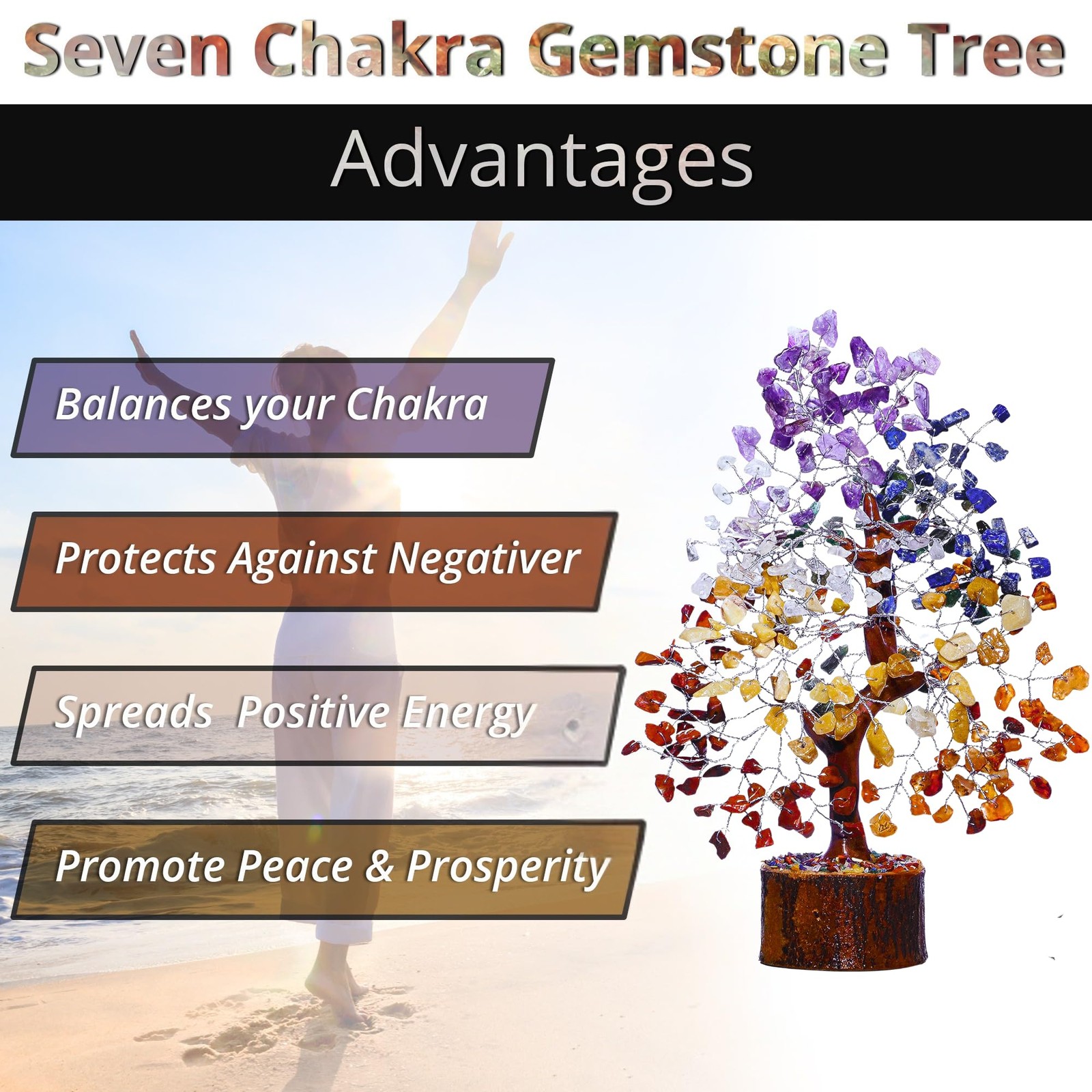 7 Chakra Crystal Tree of Life 10-12 Inch | 300 Natural Gemstone Beads | Heali…