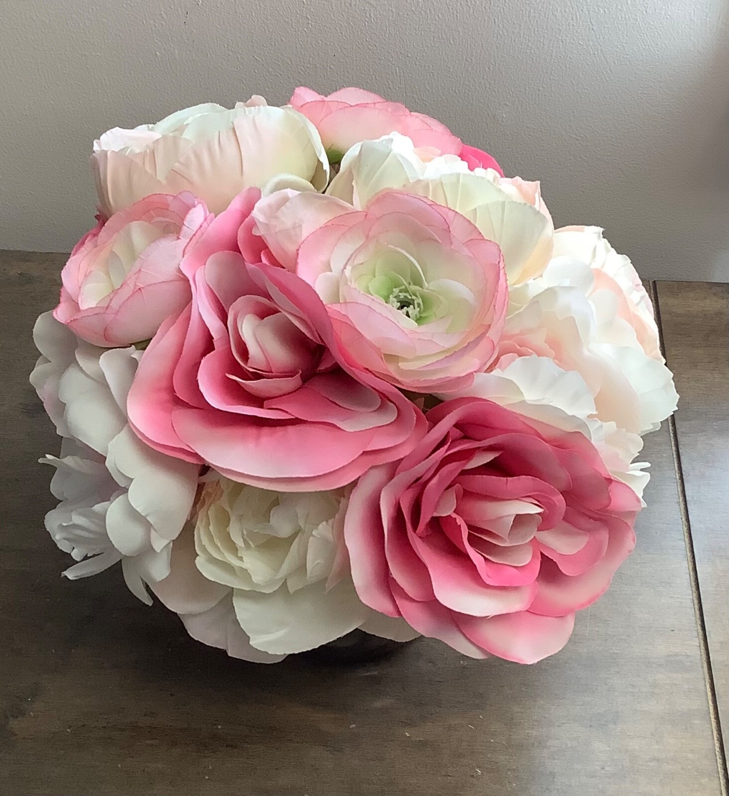 Pink and White Faux Peony Rose Flowers Floral Arrangement in Silver Vase