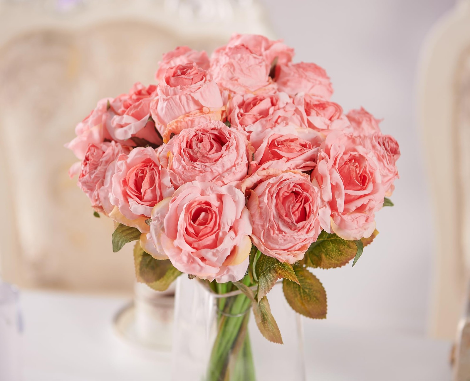 12 PCS Rose Artificial Flower Faux Silk Roses Bouquets Wedding Pink Flowers
