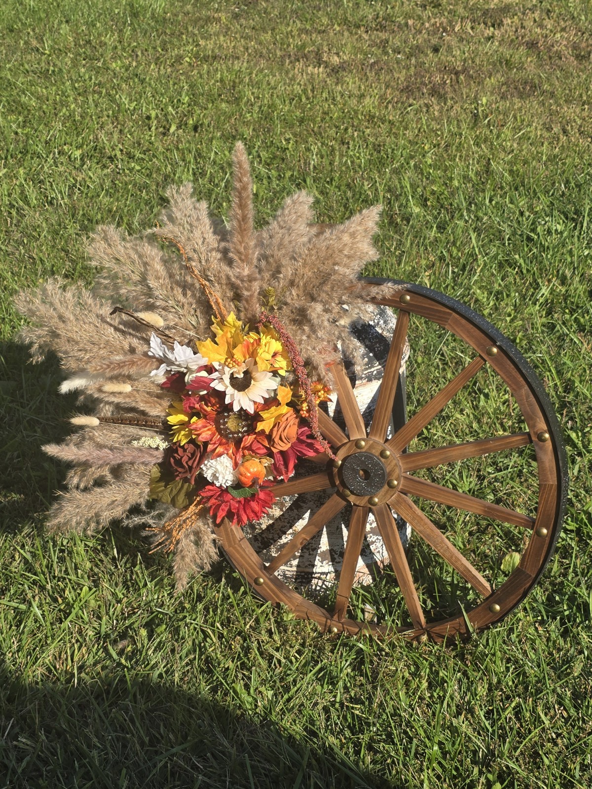 Artificial Sunflower Wagon Wheel Arrangement, Brown Yellow Red White Silk