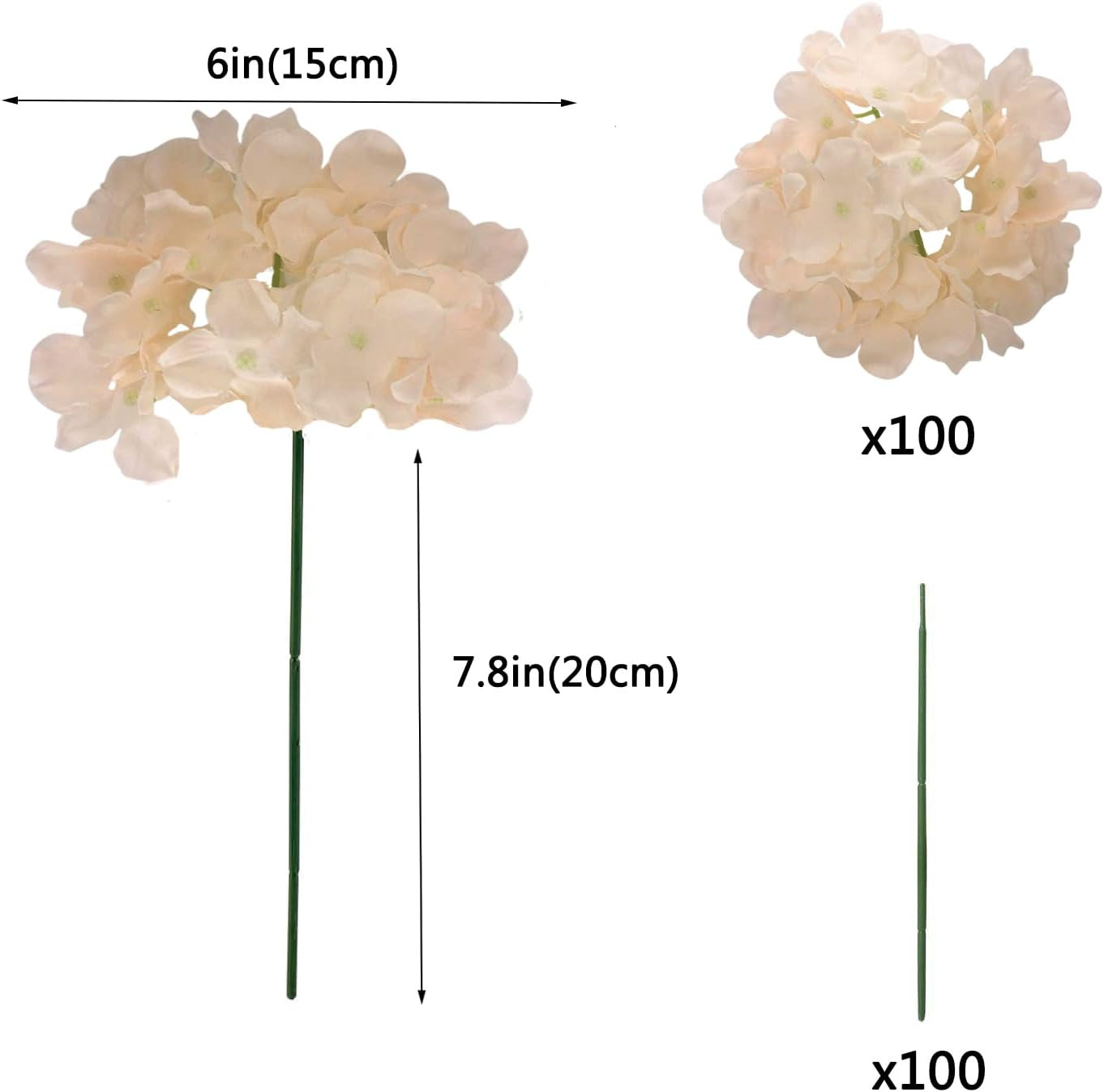 100PCS Apricot Silk Hydrangea Flowers with Stems for Wedding & Home Decor