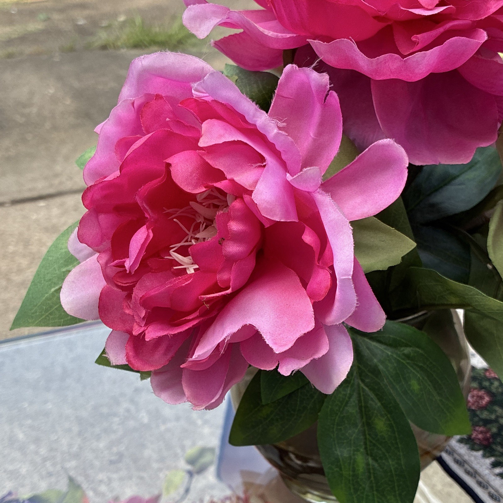 Artificial Pink Peony Arrangement in Glass Vase w/ Green Leaves