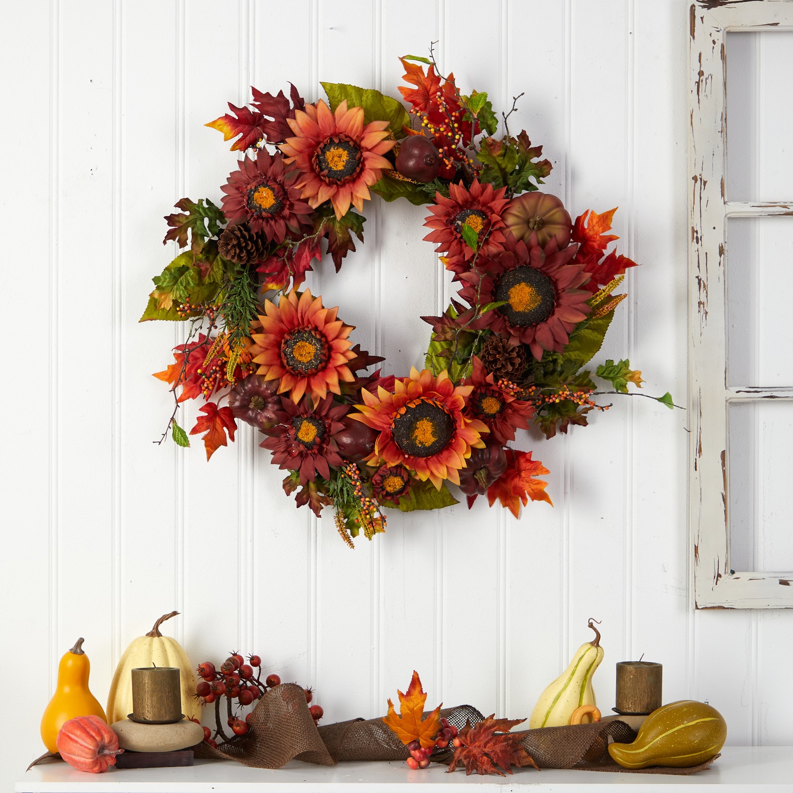 24″ Autumn Sunflower/Pumpkin/Pinecone and Berries Fall Artificial Wreath Orange