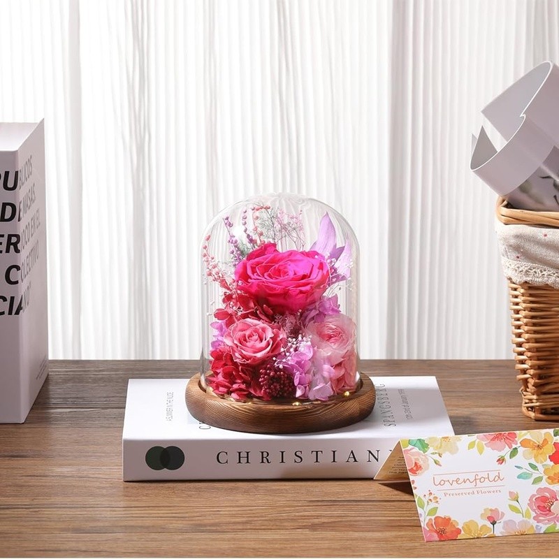 Long Lasting Preserved Roses in Glass Dome W/ LED Lights Unique Gift Idea New
