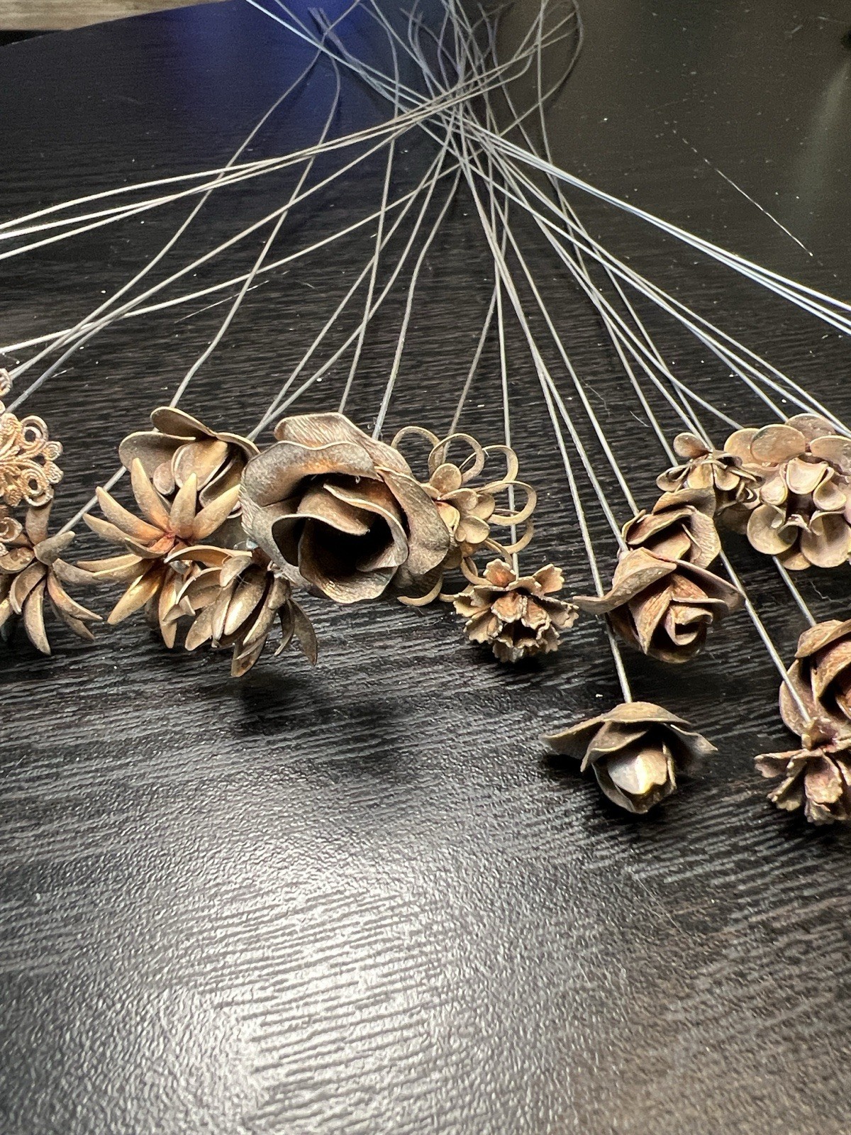 VTG Antique Metal Filigree Openwork Flowers Bouquet Stems Millinery Bridal Craft