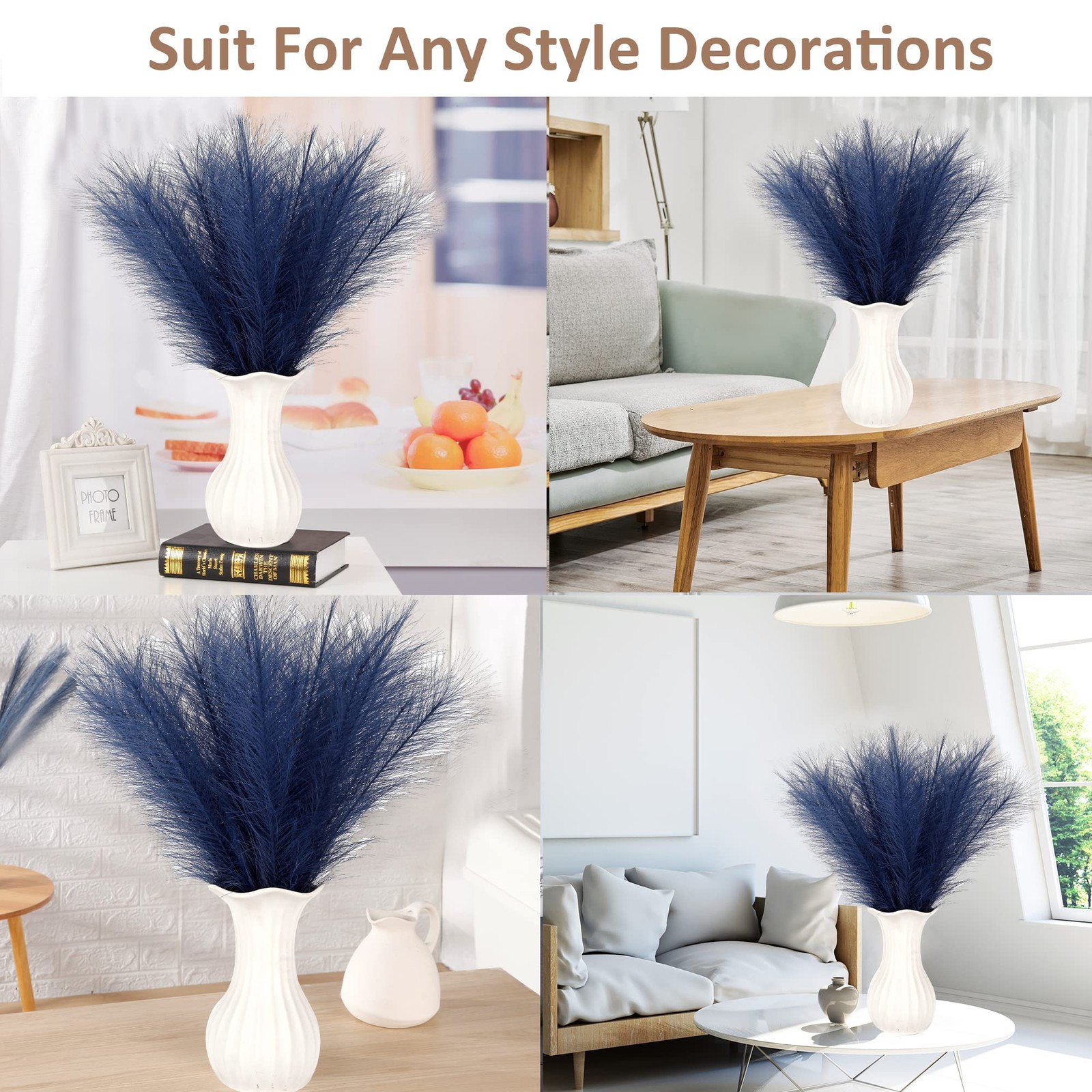 Navy Blue Pampas Grass Small, 30 Pcs 17″ Faux Pampas Grass Short Decor, Pompa…