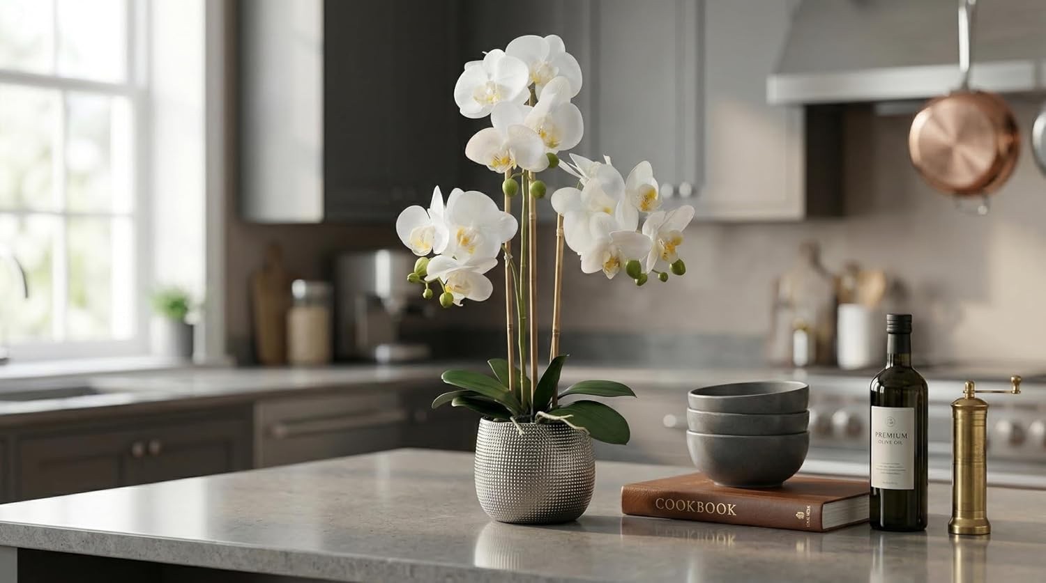 Artificial Flower Arrangement White Phalaenopsis Orchid in Silver Ceramic Vase