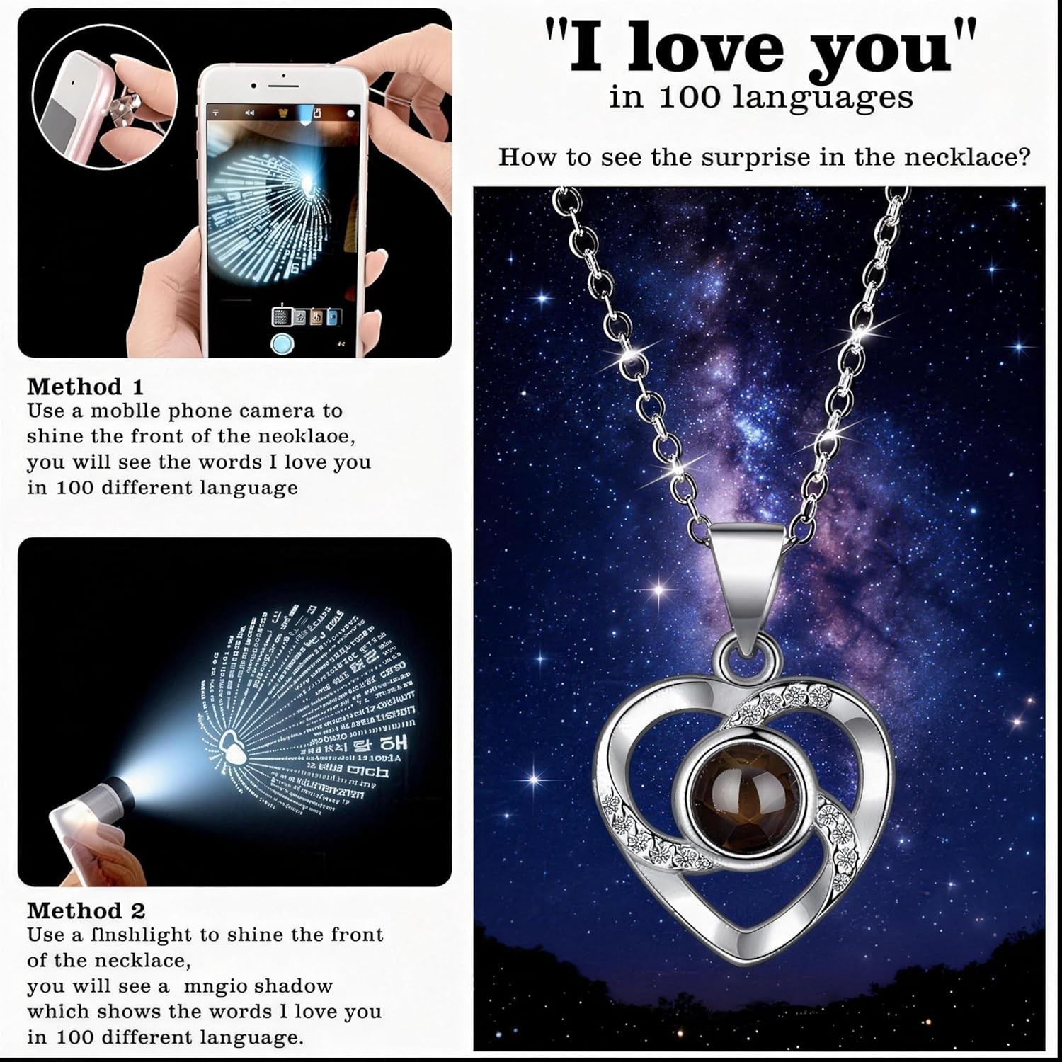Preserved Red Real Rose with Heart Necklace I Love You in 100 Languages