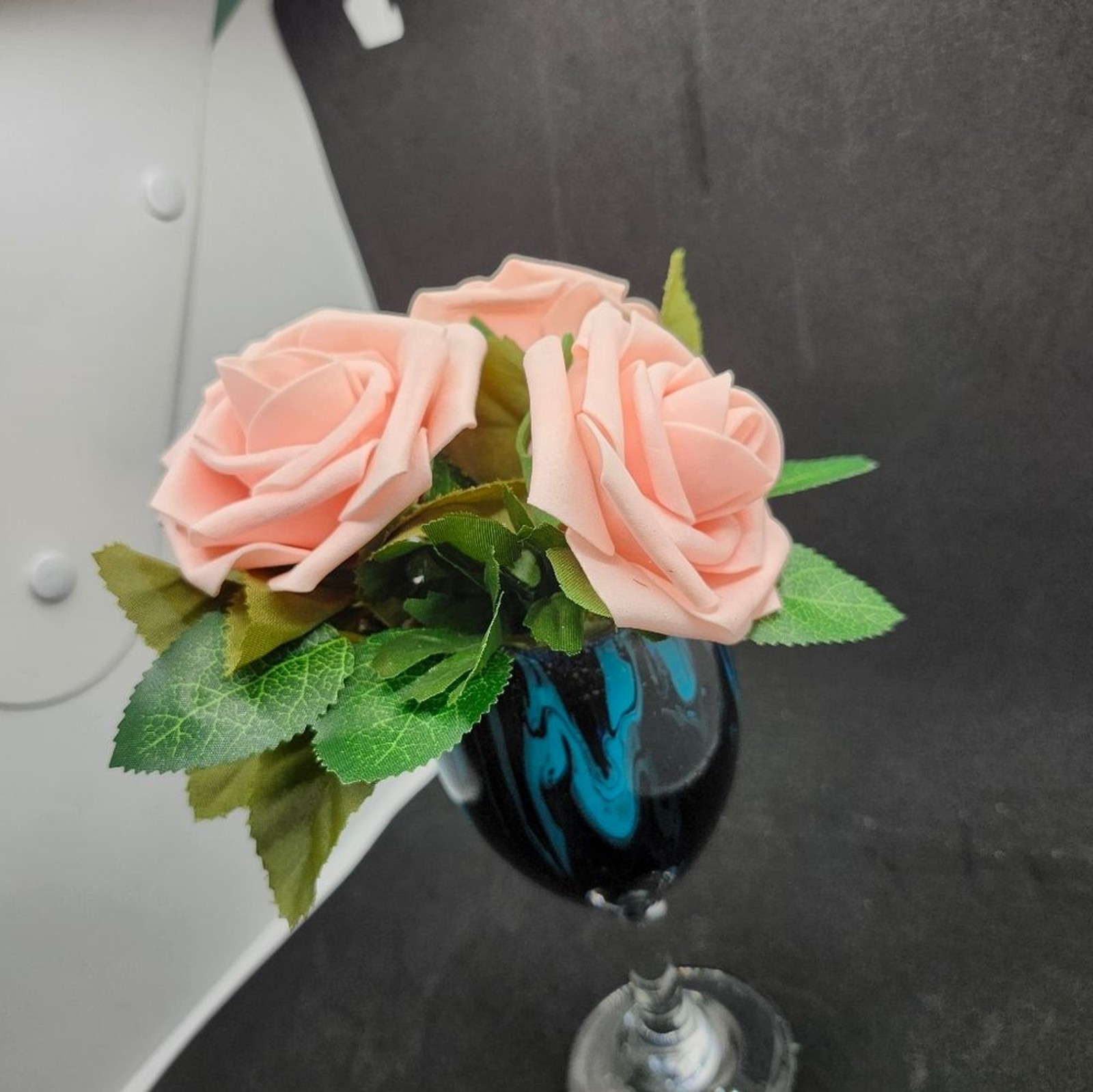 Hand Crafted Floral Table Centerpiece Summer Peach Roses Flower Wine Glass