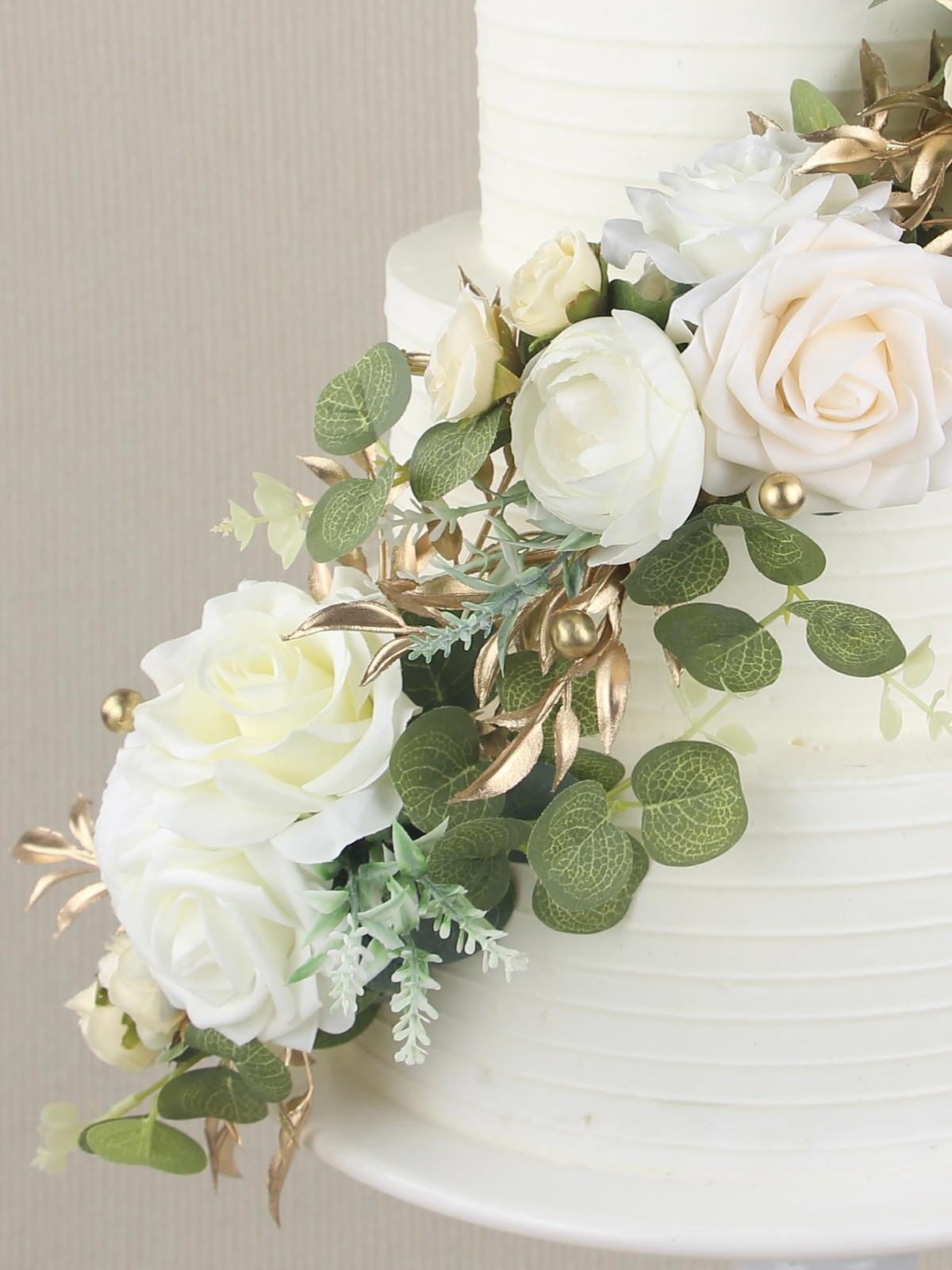 3 Pcs Pre-made Cake Toppers Flowers White Gold Artificial Wedding Decor