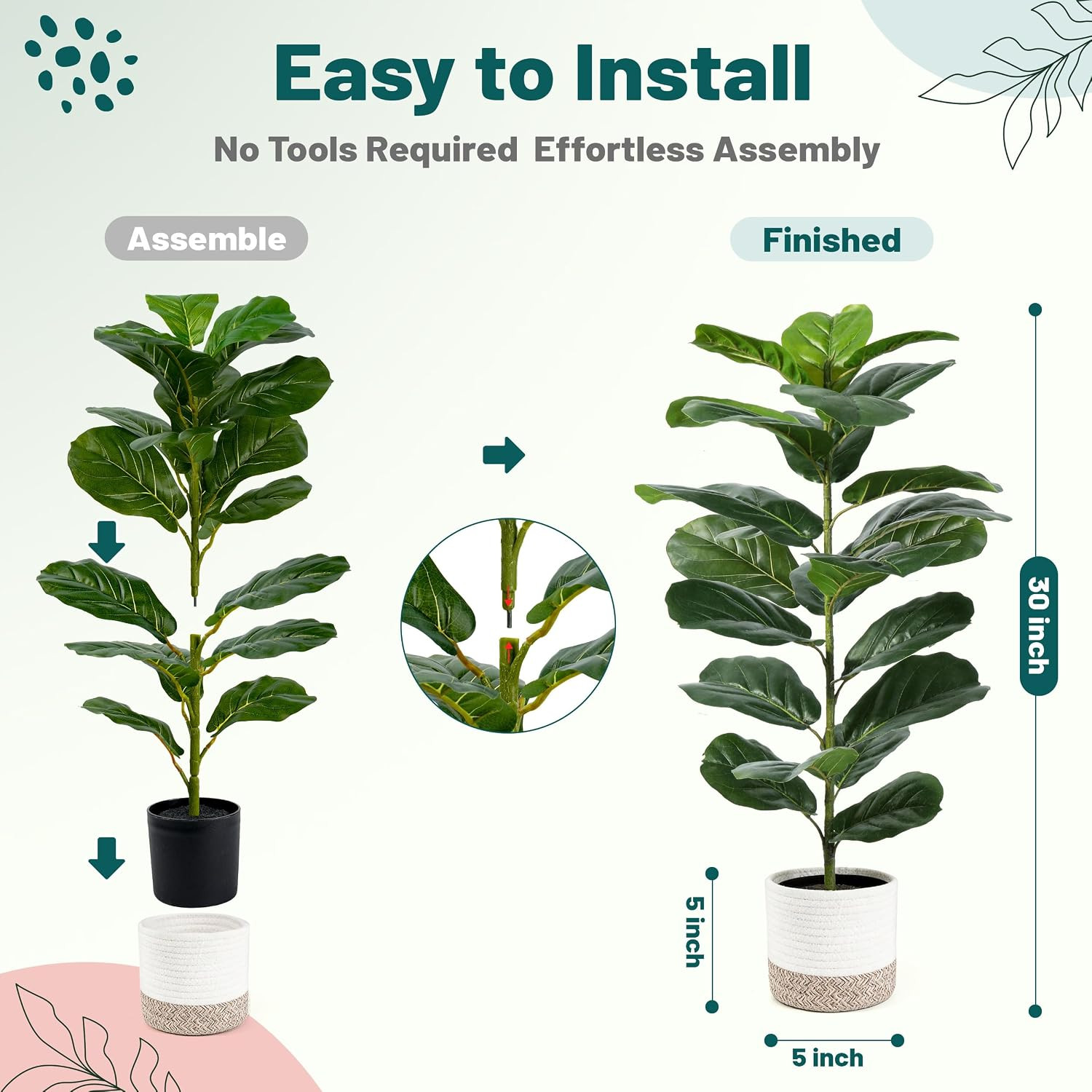 2 Pack 30″ Artificial Fiddle Leaf Fig Tree, Mid-Size Realistic Plants Indoor & O